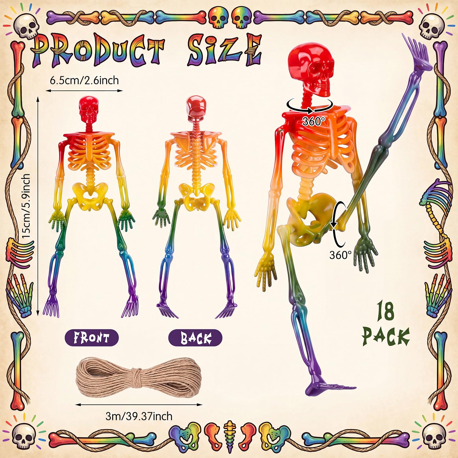 Geelin 18 mini figuras de esqueleto de Halloween con cordel de yute de 6 pulgadas, decoración de esqueleto de plástico pequeño degradado de arco iris para manualidades de Halloween, accesorios de casa