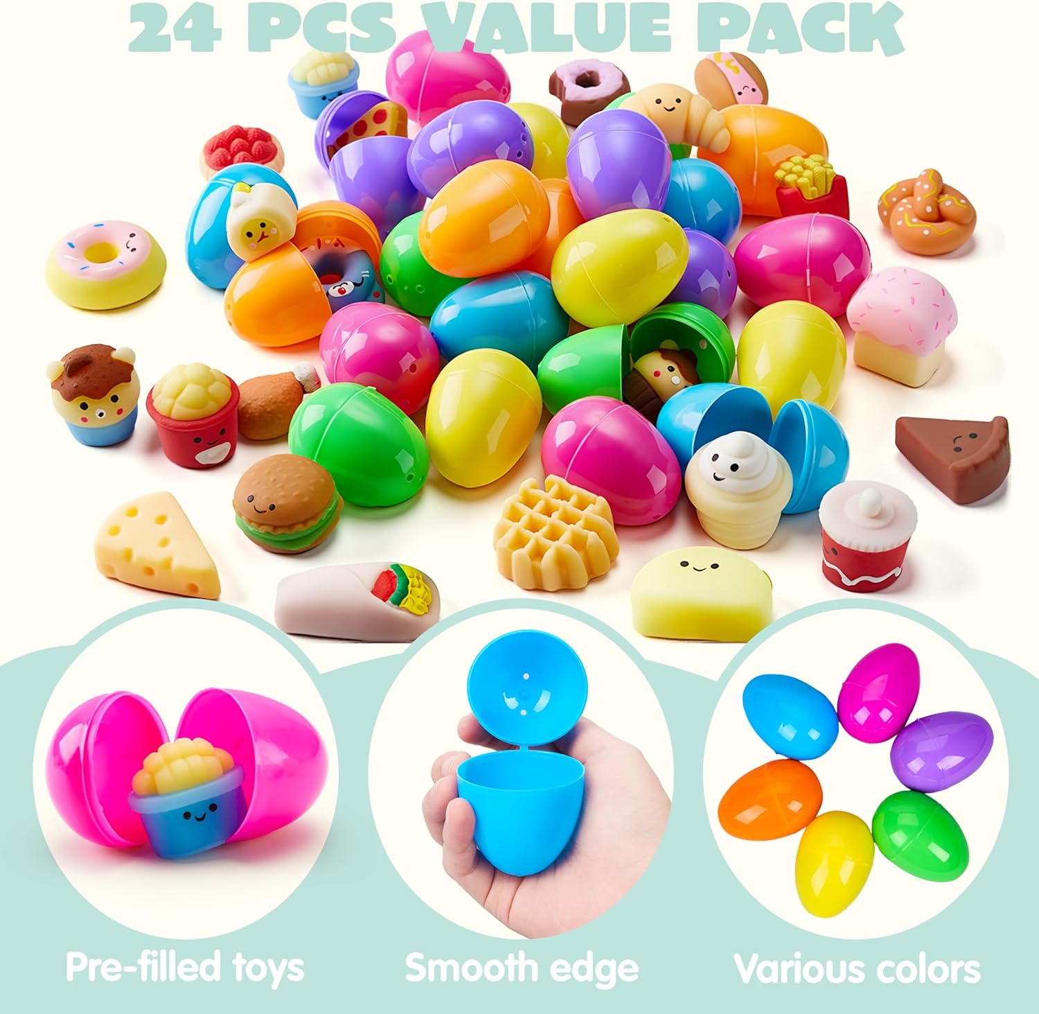 JOYIN 24 Pcs Easter Prefilled Eggs with Fast Food & Dessert Mochi Squishy Toy, Stress Reliever Squishy Toy for Easter Theme Egg Hunt, Kids Party Favor, Basket Stuffers Filler, Classroom Prize Supplies
