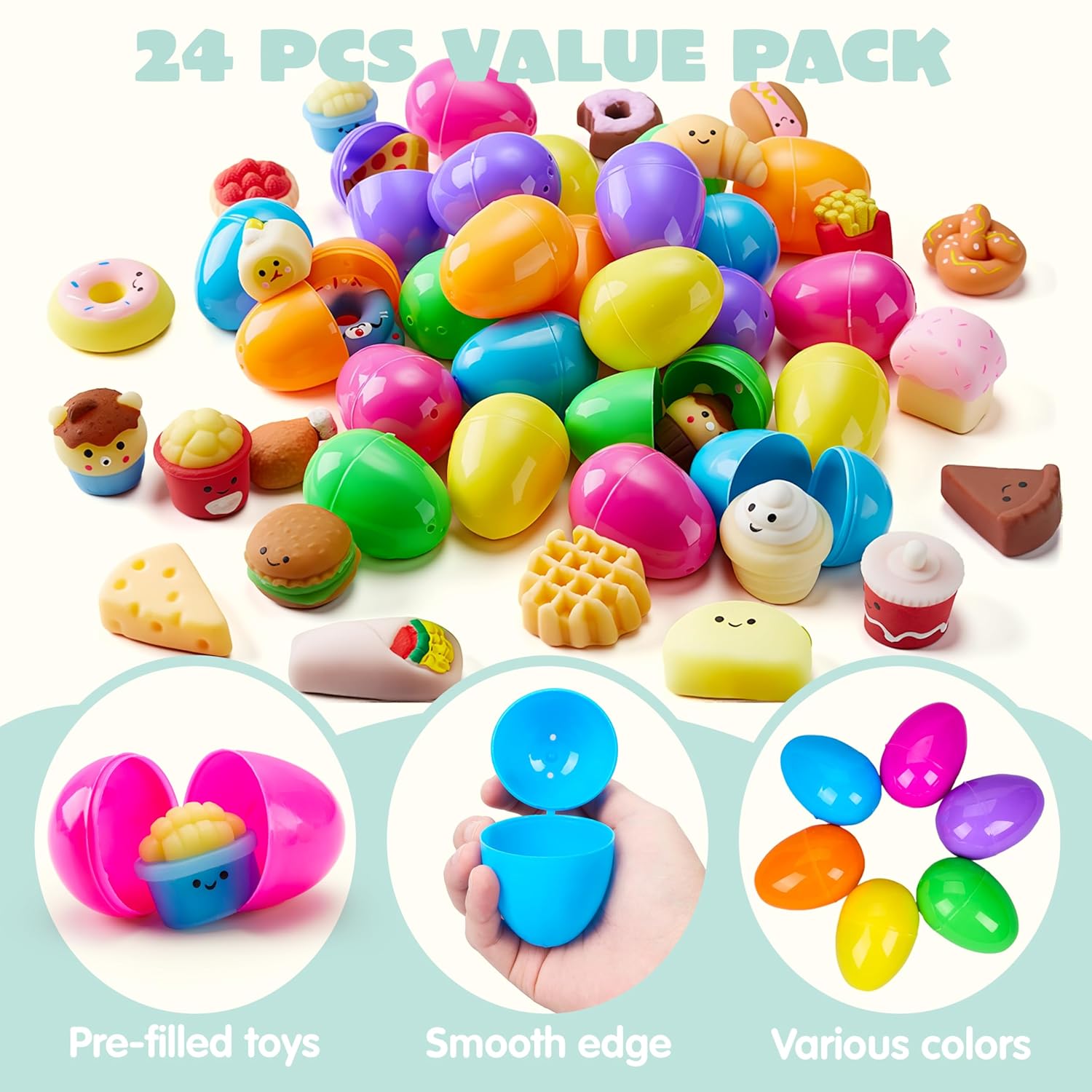 JOYIN 24 Pcs Easter Prefilled Eggs with Fast Food & Dessert Mochi Squishy Toy, Stress Reliever Squishy Toy for Easter Theme Egg Hunt, Kids Party Favor, Basket Stuffers Filler, Classroom Prize Supplies - Image 5