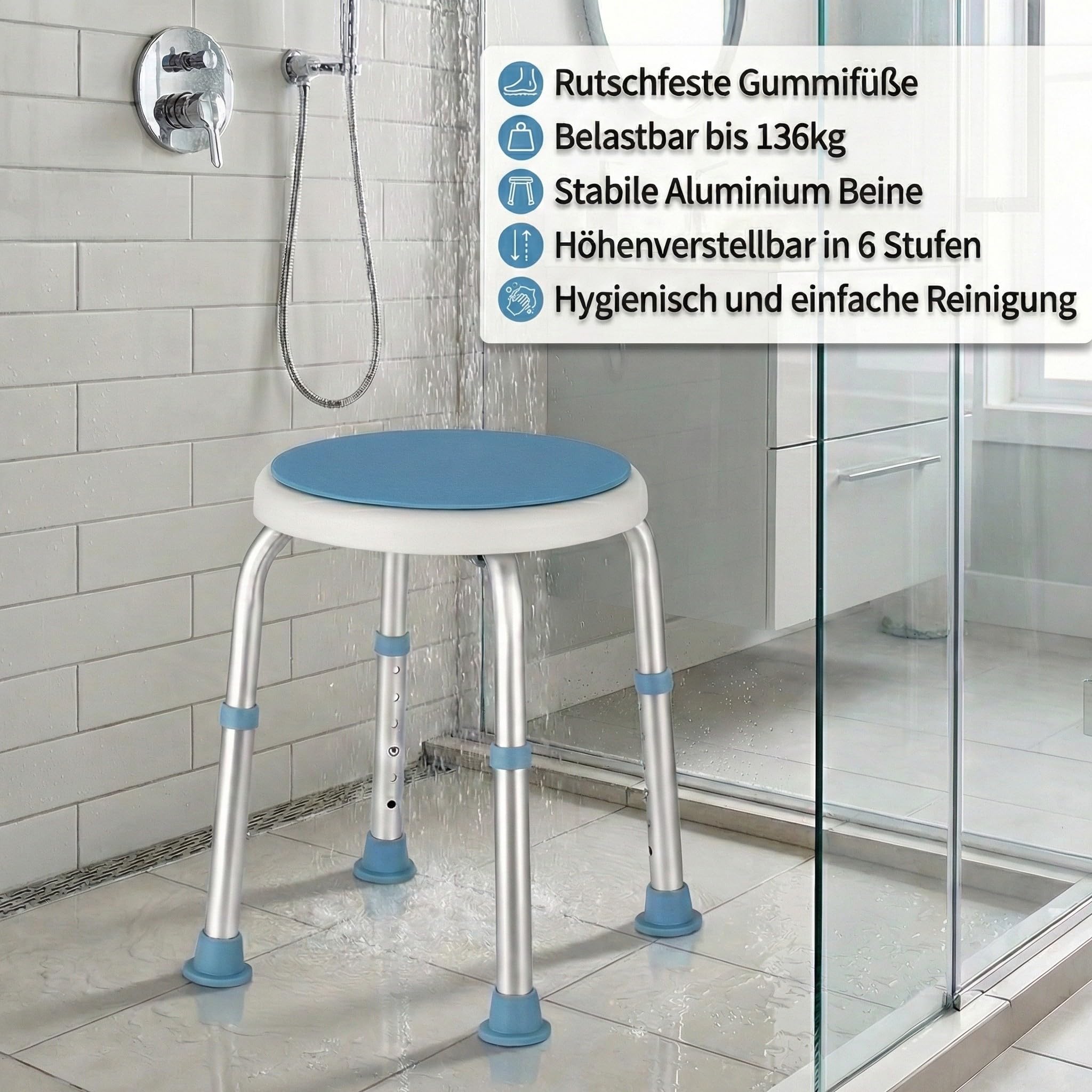 Duschhocker - Duschstuhl 360° drehbar und höhenverstellbar, Badhocker für die Dusche bis 136kg belastbar, Rutschfester Duschsitz für Senioren und Erwachsene, Dusch Hocker