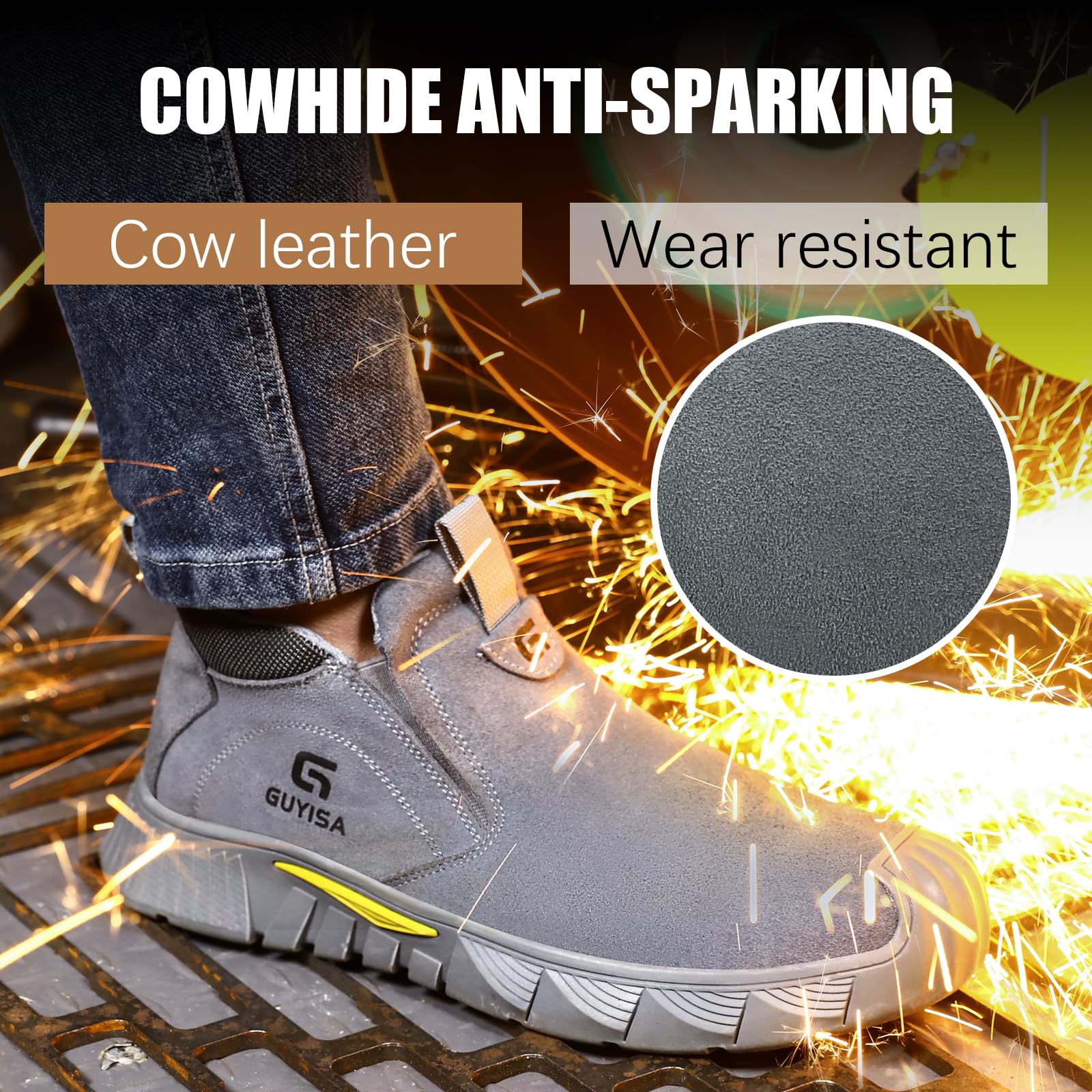 GLANOUDUN Welding Work Boots for Men Slip on Steel Toe Shoes for Men Indestructible Men's Steel Toe Boots Comfortable Safety Work Shoes Construction Welder Safety Footwear Grey