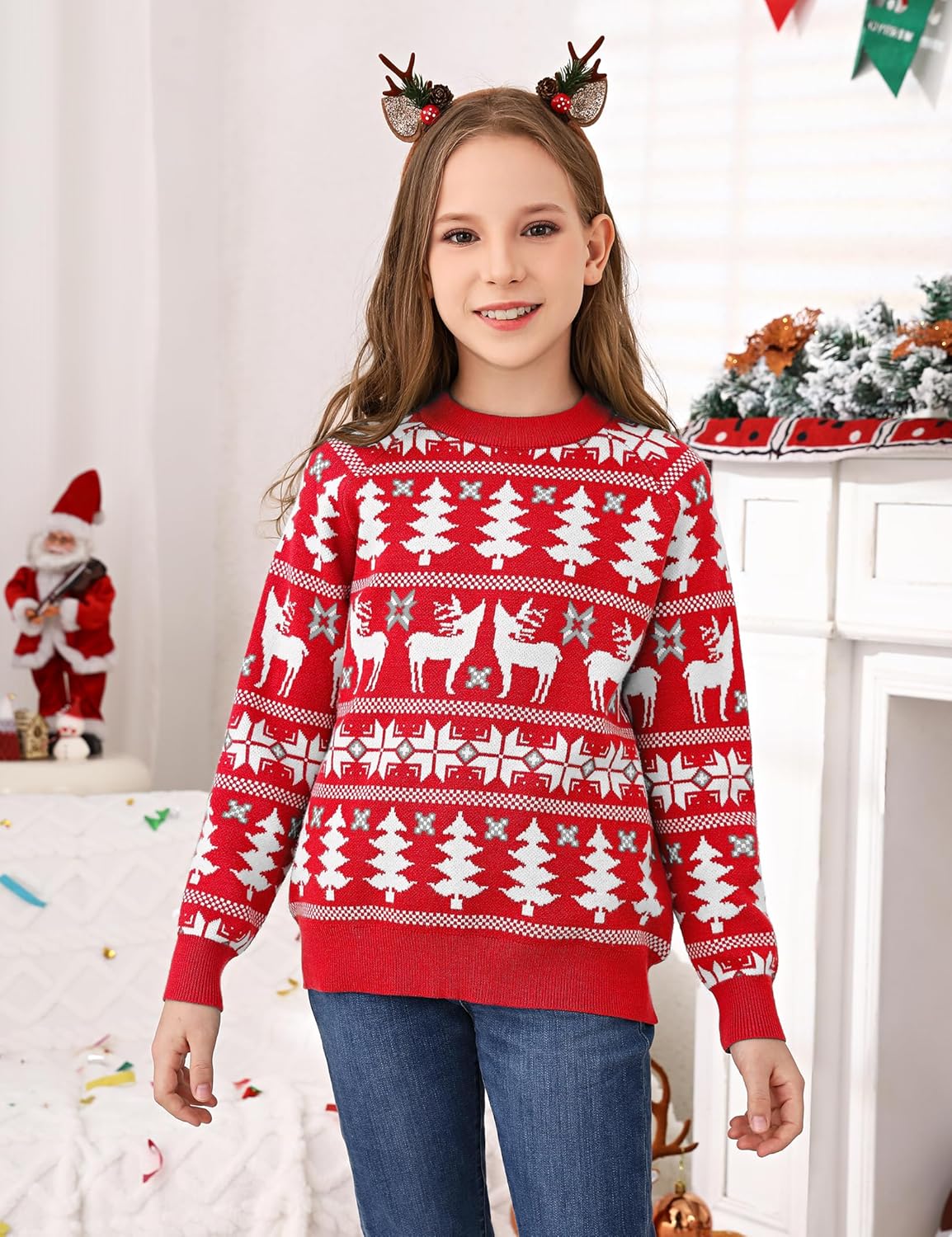 MISSKY Family Christmas Sweater Reindeer Snowflake Pattern Crew Neck Holiday Pullover Knitwear