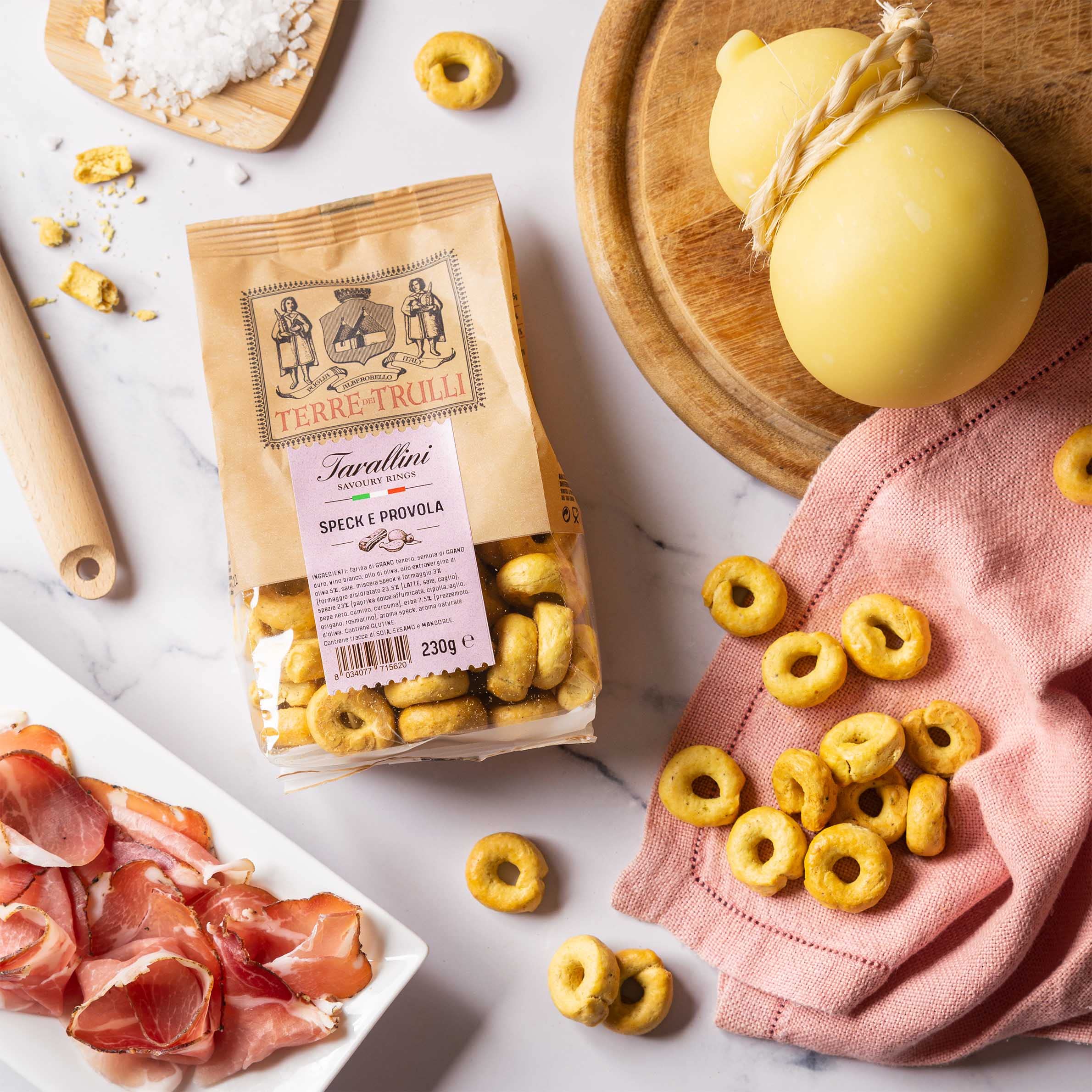 Terre Dei Trulli Tarallini Speck E Provola - 5 Confezioni Da 230g | Taralli Pugliesi Per Uno Snack Veloce E Gustoso | Snack Salati Per Un Aperi Snack Genuino | Tarallini Artigianali