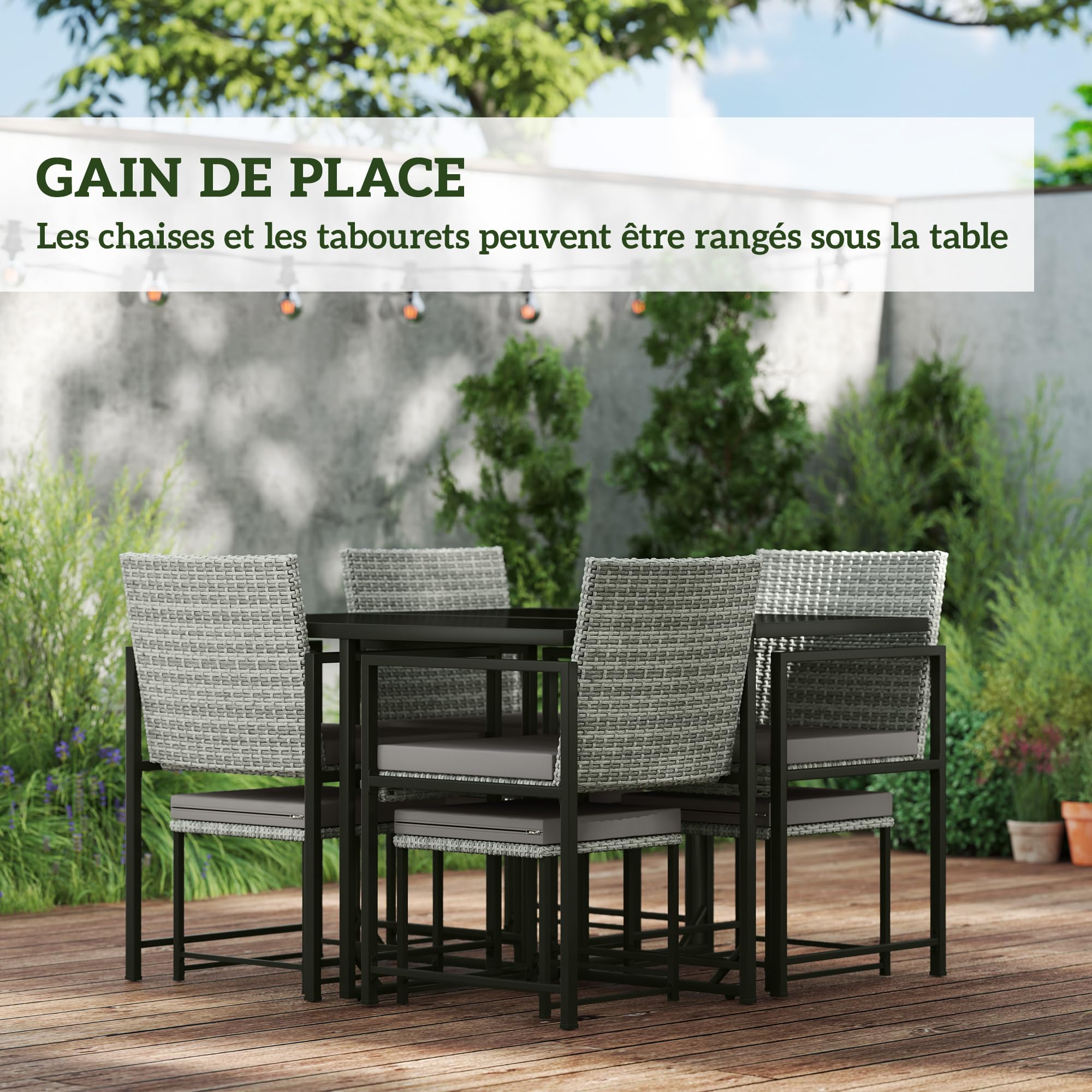 Outsunny Salon de Jardin extérieur en résine tressée 8 Places, Table et chaises de Jardin extérieur, 4 fauteuils, 4 tabourets, Coussins, Plateau en Verre trempé, pour terrasse, Balcon, Patio, Gris