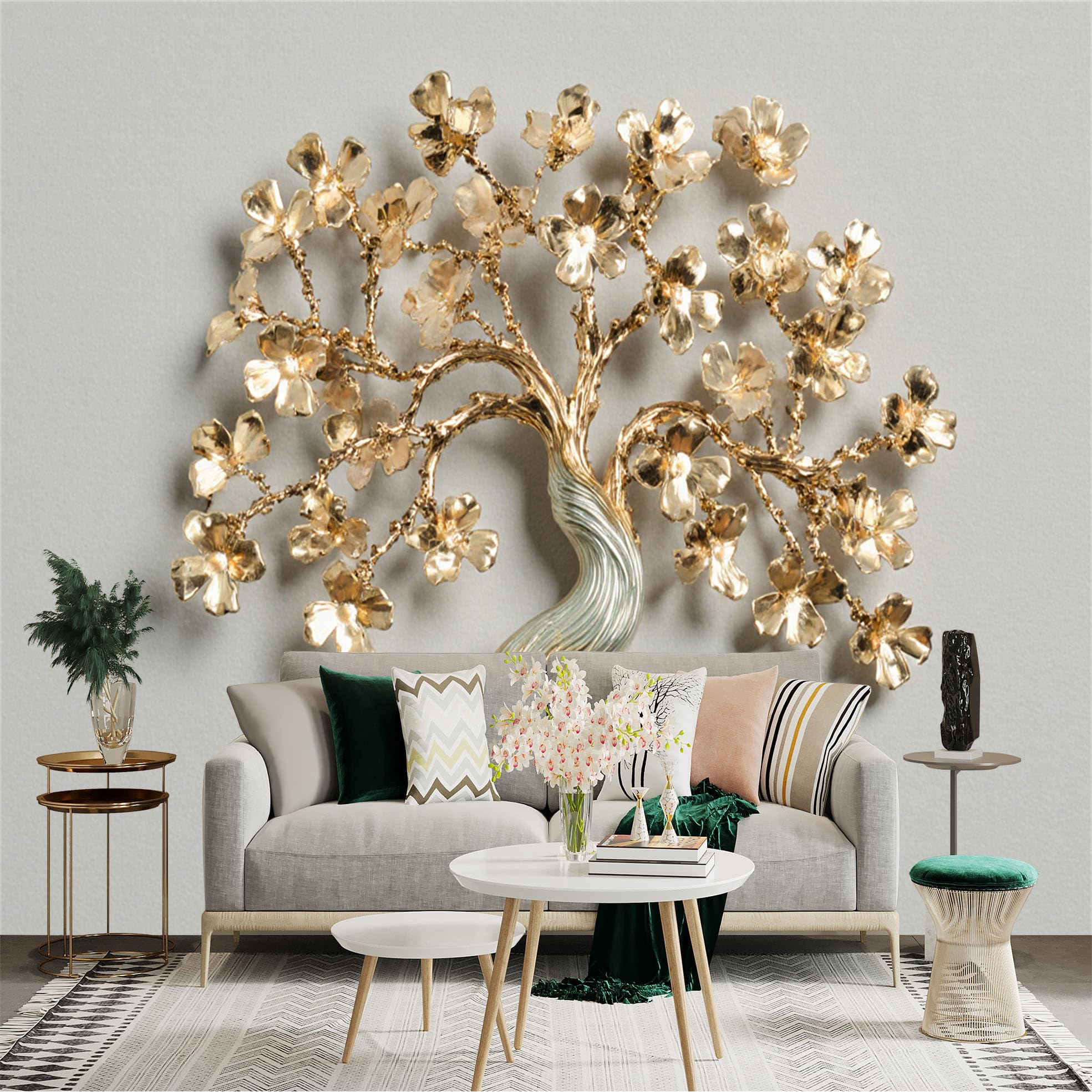 Custom Size Wall Sticker Mural， Metallic Gold Tree with Blooming Flowers， Elegant Botanical Art， Luxury Metallic Texture， for wall Decoration， peelandstick wall Decals.