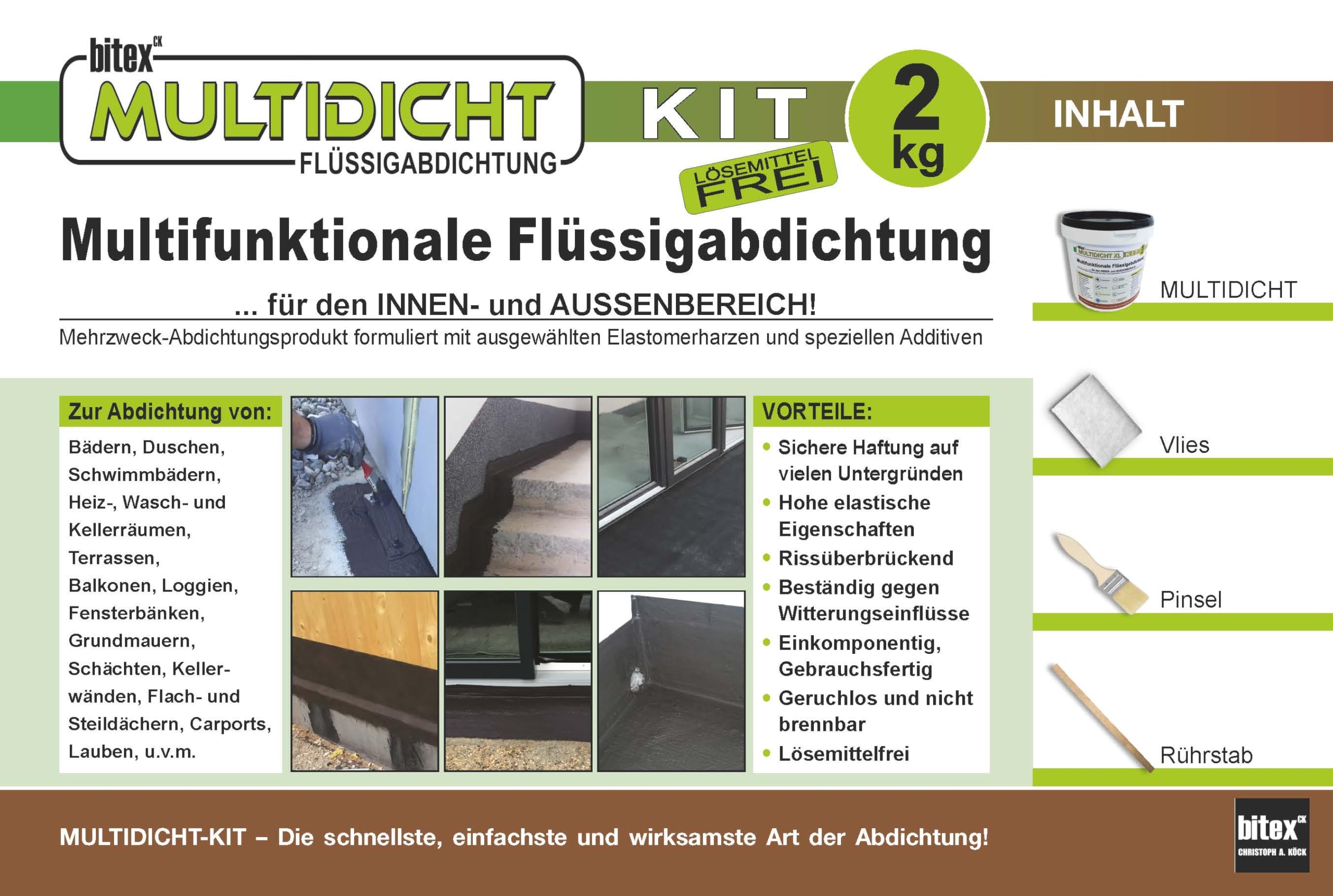 Multidicht Kit 460080 - geprüft und zertifiziert - Flüssigabdichtung, Abdichtung für Bad, Dusche, Schwimmbad, Kellerräumen, Terrasse, Balkon, Fensterbank, u.v.m.