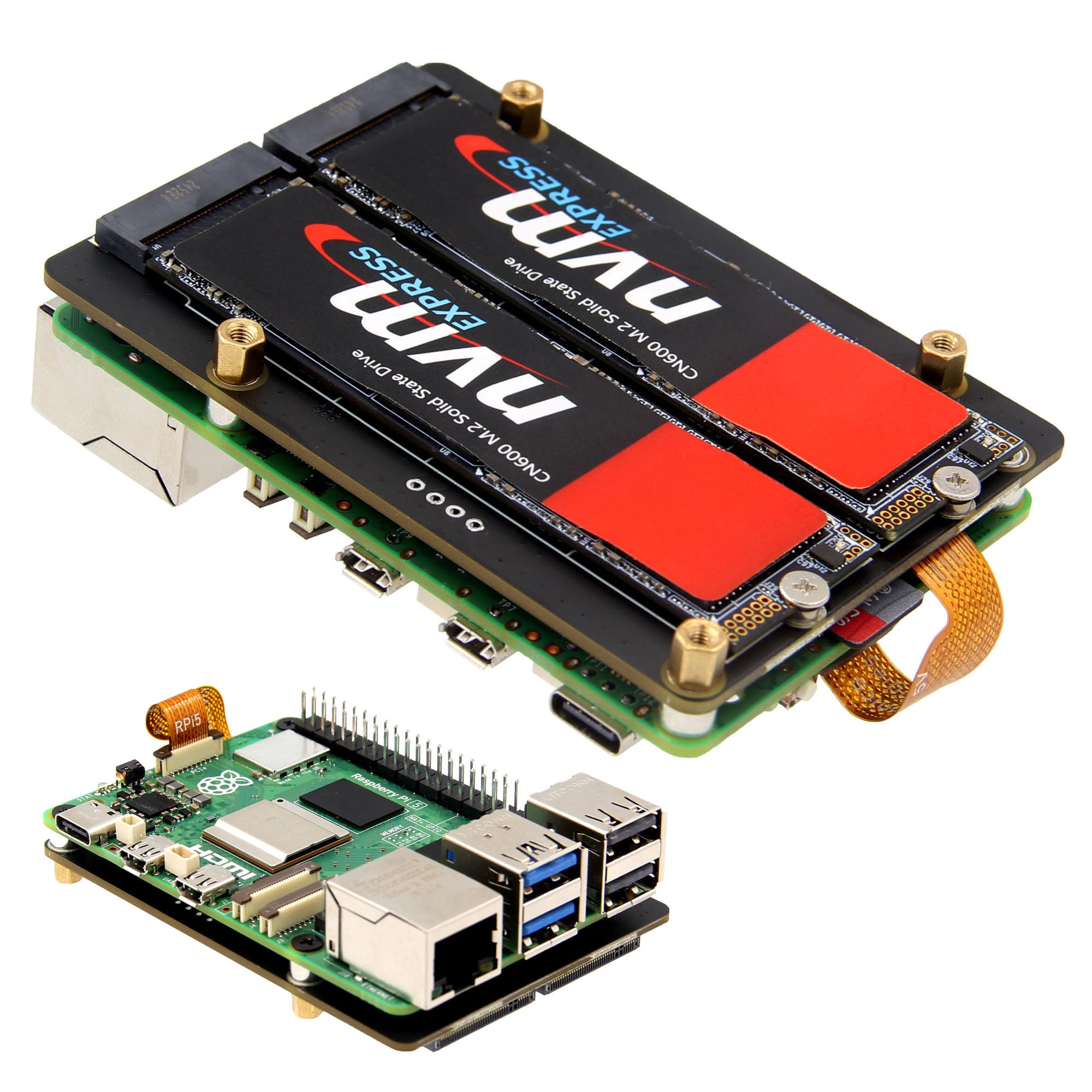Geekworm X1005 Dual NVMe SSD Shield Bottom for Raspberry Pi 5, supports Hailo-8 AI Accelerator