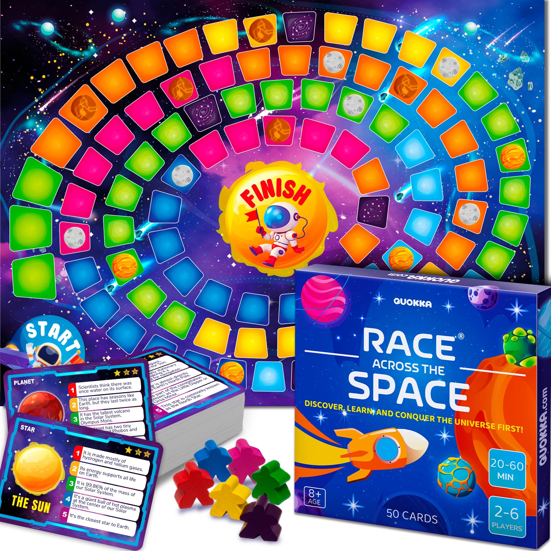 QUOKKA Space Board Games For Kids and Family - Fun Space Trivia Game with 50 Cards - Colorful Tokens - Learn Planets Moons and Space Facts  Educational Family Activity for 2-6 Players