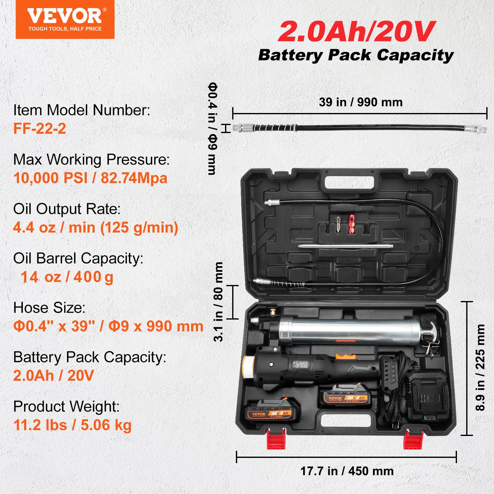 VEVOR Pistola Engrasadora Inalámbrica 20 V 10,000 PSI Manguera de 39" de Largo Kit de Pistola Engrasadora Eléctrica Profesional con Batería de Alta Presión con Estuche, Batería, Cargador, Negro