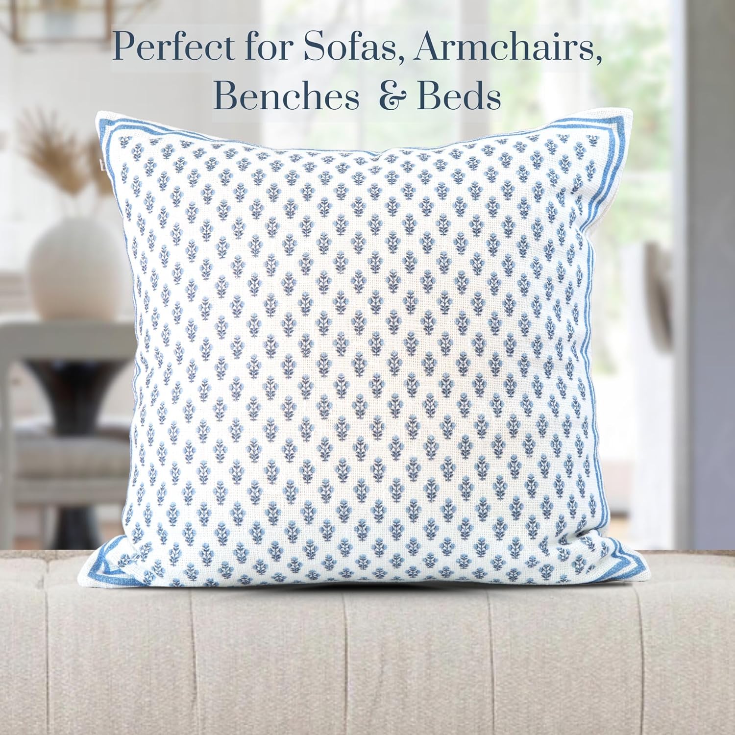 Celeste Mughal Flower Pillow Cover – 100% Cotton Designer Throw Pillow Cover – Luxury Decorative Accent for Sofa, Couch, Bed & Modern Coastal Grandmillennial Home Décor (Blue, 22x22)