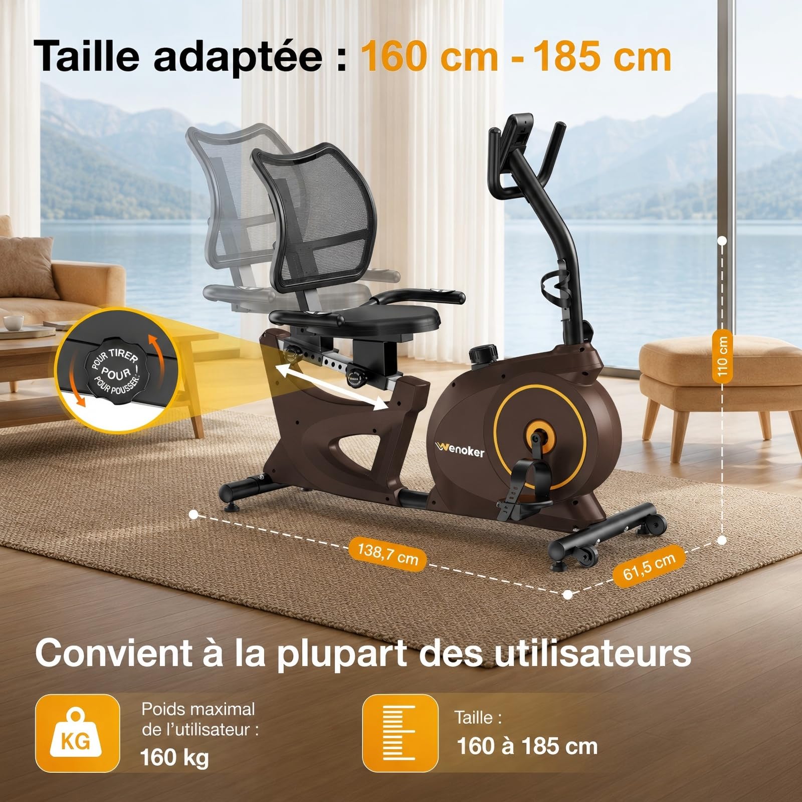Vélo d'appartement ergomètre avec frein magnétique, capteurs de pouls et écran LCD, 15 niveaux de résistance, ergomètre d'assise avec dossier pour personnes âgées