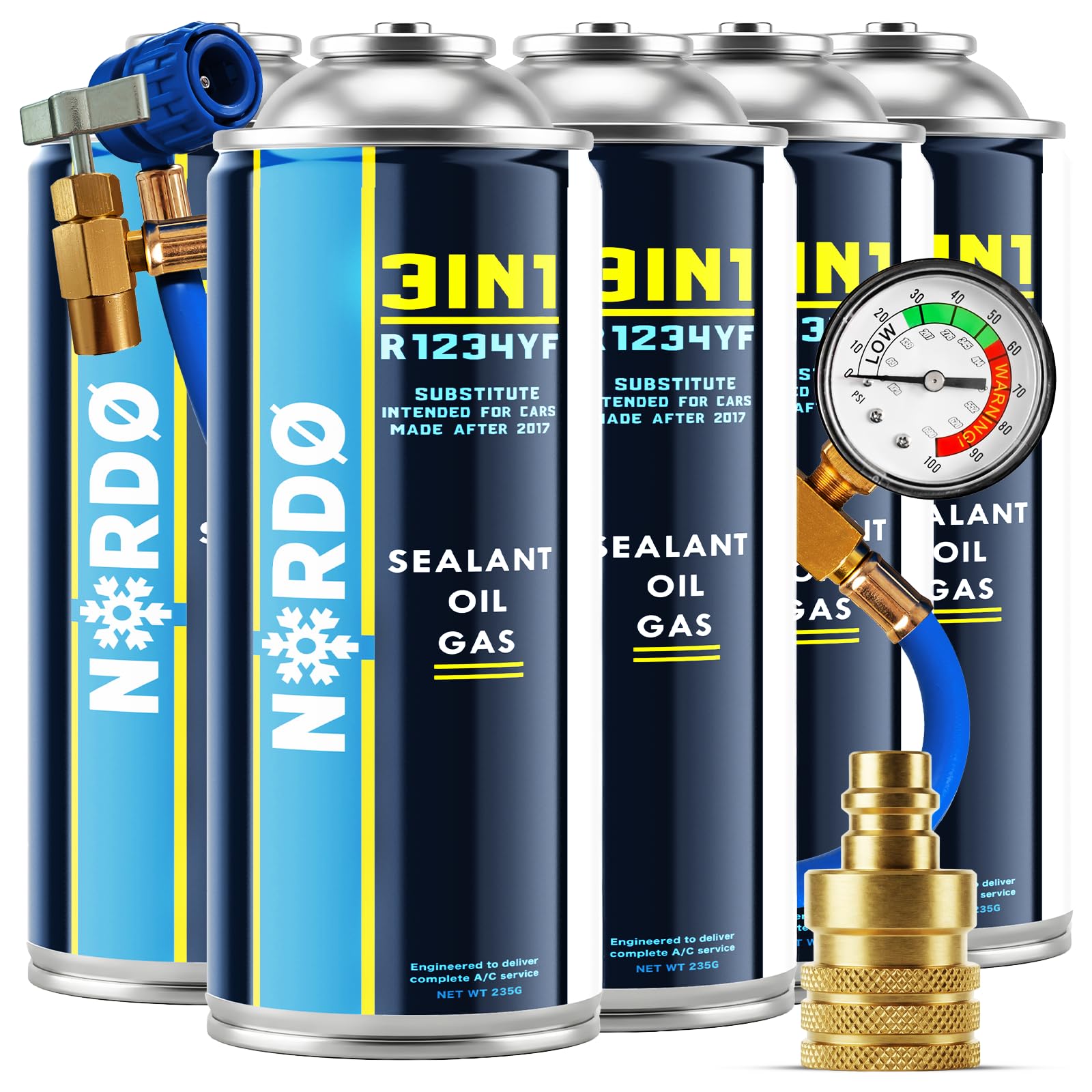 Nordo - 3in1 R1234yf Klimaanlage Nachfüllset – 5 x 3in1 Gas mit Füllschlauch und YF Adapter – Auto Klimaanlage Nachfüllen – 5 x 235 g