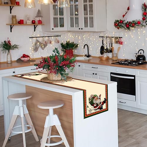 Miniatura 6 de HPMNS Camino de mesa de Navidad, camino de Navidad para mesa, impreso encantador camino de mesa vintage de Santa beige, Navidad, mesa del hogar,