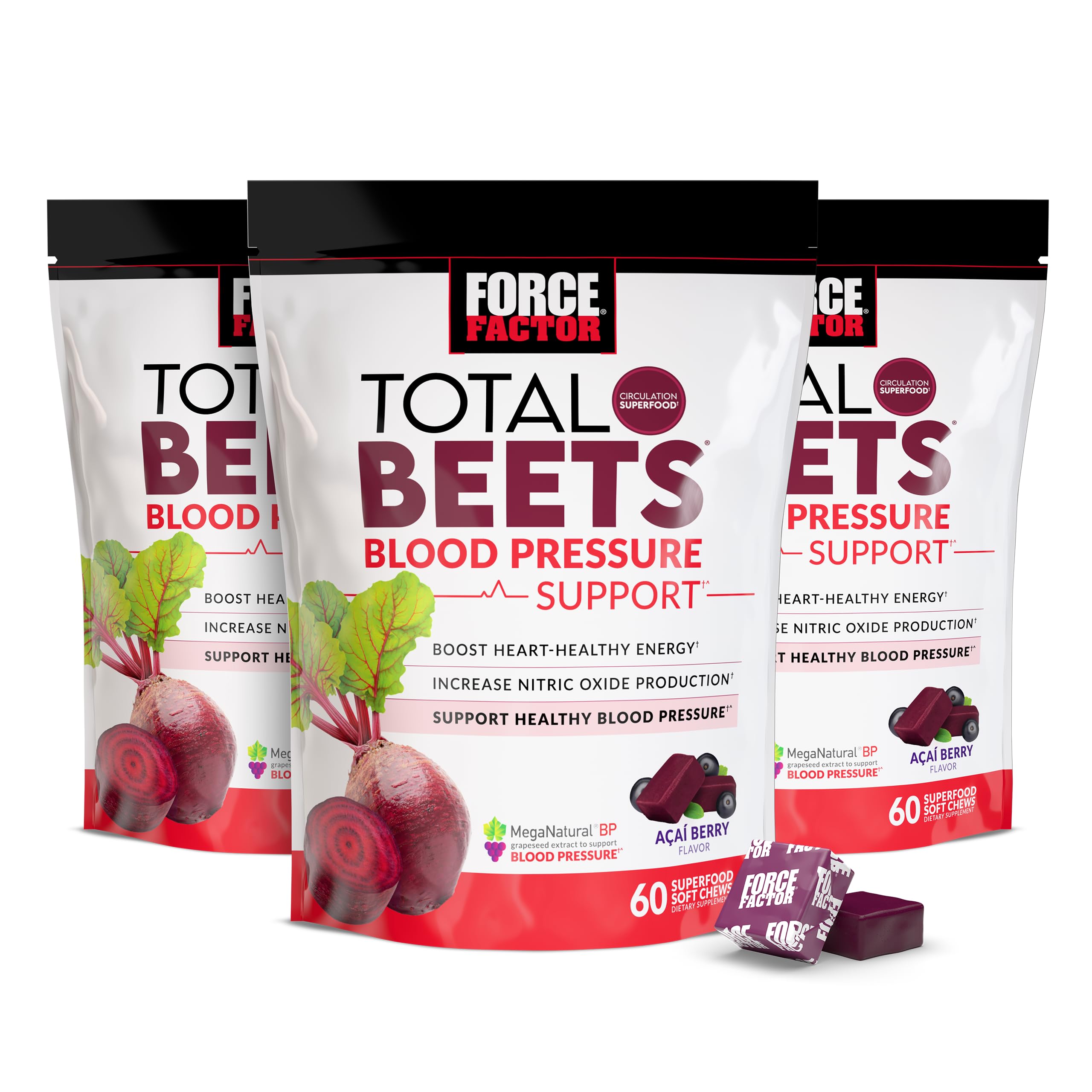 Total Beets Blood Pressure Support Supplement with Beets Powder, Great-Tasting Chewables for Heart-Healthy Energy, and Increased Nitric Oxide, 180 Chews, 3-Pack