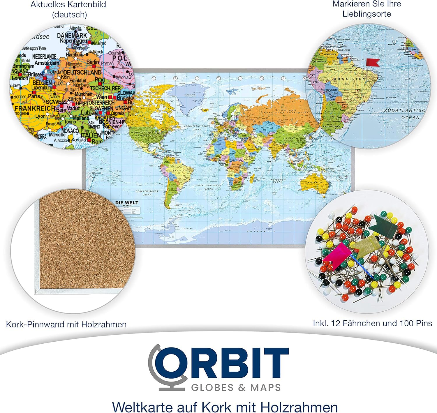 ORBIT Globes & Maps - Weltkarte - Kork Weltkarte auf Pinnwand mit Holzrahmen (silber) 90 x 60 cm, deutsch mit Fähnchen und Pins sowie Befestigungsmaterial