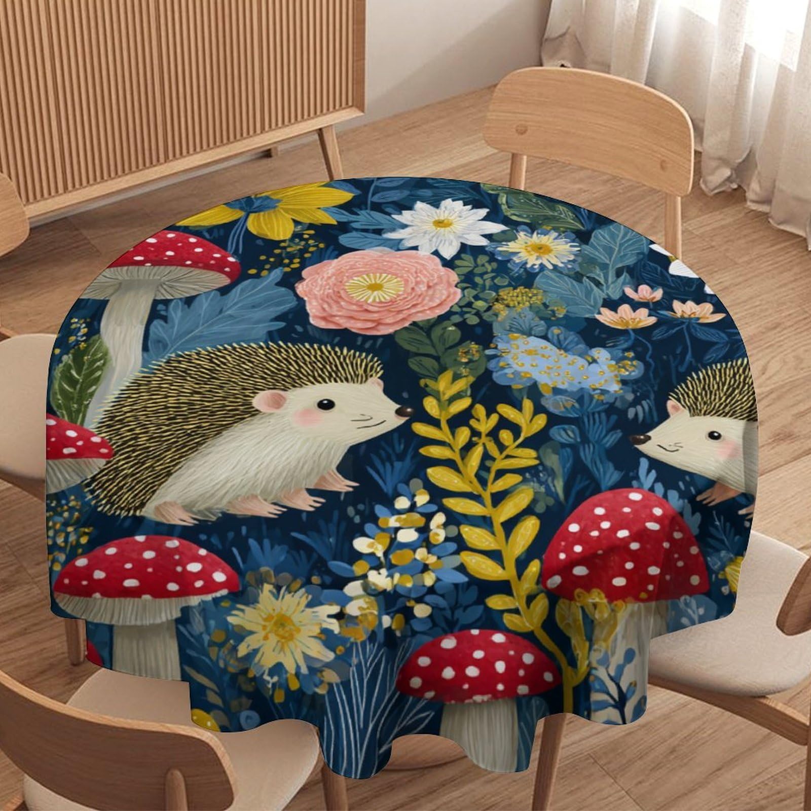 LUYYSKY Rustic Anime Cute Hedgehogs Waterproof Round Tablecloth Boho Abstract Daisies Flowers Mushrooms Animals Hedgehogs Washable Table Cover for Kitchen-177.8" Wx177.8 L cm