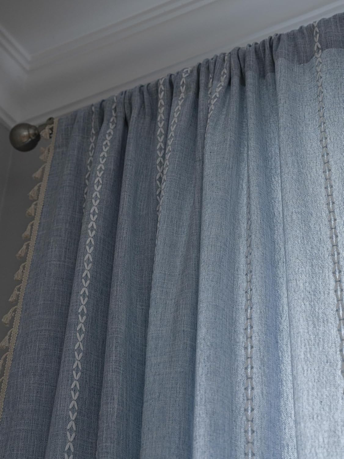 Boho Curtain 1 Panel 79 Inches Long Striped Embroidery Cotton Linen Semi Blackout Farmhouse Window Treatment with Tassels Rod Pocket Drape for Living Room Bedroom (55" W x 79" L, Grey)