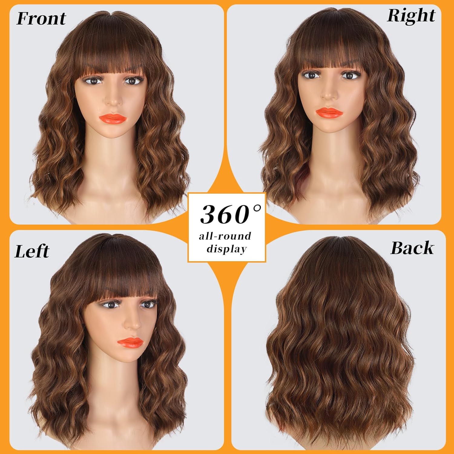 Lativ Brown Wigs with Bangs Bob Curly Wavy Highlight Hair with Dark Roots Short Wig for Women Natural Synthetic Fiber Shoulder Length for Cosplay Daily Use - Image 5