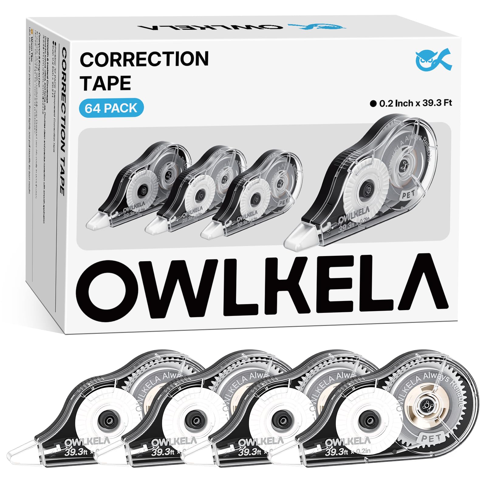 OWLKELA 64 cintas correctoras, 39.3 pies, carcasa negra y núcleo blanco | Sin tiempo de secado, resistente al desgarro, 0.2 pulgadas de ancho, ideal para la oficina y la escuela