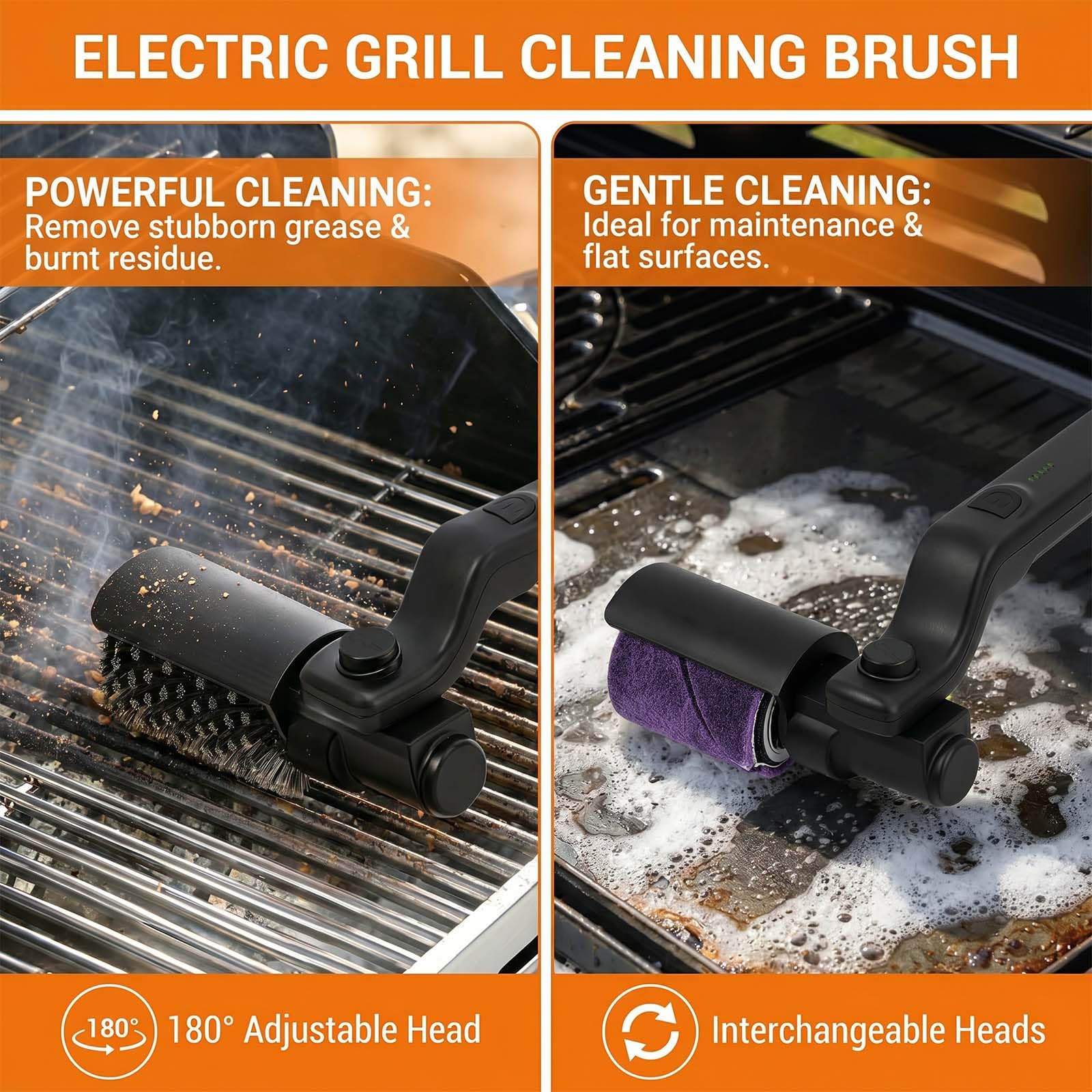 Brosse Électrique pour Barbecue, Brosse de Nettoyage BBQ, Brosse sans Fil, Nettoyeur BBQ Rechargeable, 3 Vitesses, Tête en Acier Inoxydable, Angle Réglable, Étanche, 90 Min Autonomie