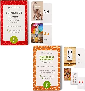 Think Tank Scholar 36 Alphabet Flash Cards + 36 Numbers & Counting Flash Cards for Toddlers, Ages 3+, Preschool, All Upper & Lower Case Letters & All Phonetic Sounds, Number 0-20, Tens 30-100