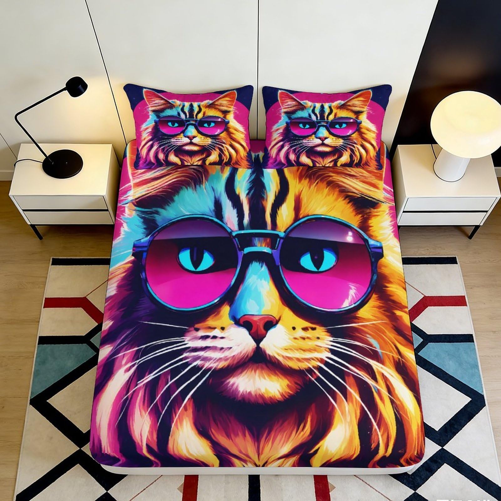 3D Printed Lion Head Fitted Sheet Microfiber Soft Vibrant Fire Mane Mattress Cover for Bedroom Dorm Decor, Anti-Slip Washable 90x200x25cm