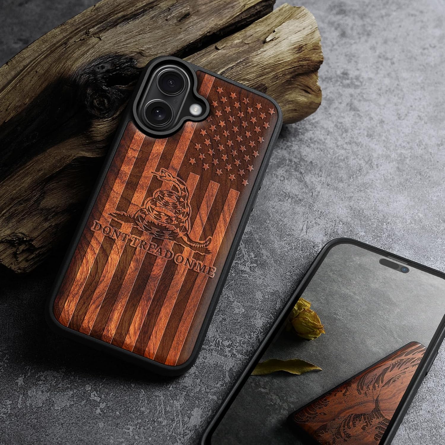 Carveit Magnetic Wooden Case for iPhone 17 Case, Wood Artisan Engraved & Black Soft TPU Shockproof Cover, Compatible with MagSafe Wireless Chargers (Gadsden and The American Flag) Rosy