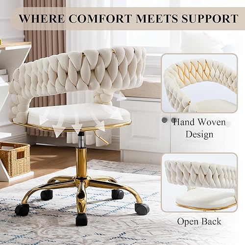Miniatura 5 de NIOIIKIT Silla de oficina tejida en casa, silla de escritorio tapizada de terciopelo con respaldo abierto, silla de trabajo de altura ajustable,