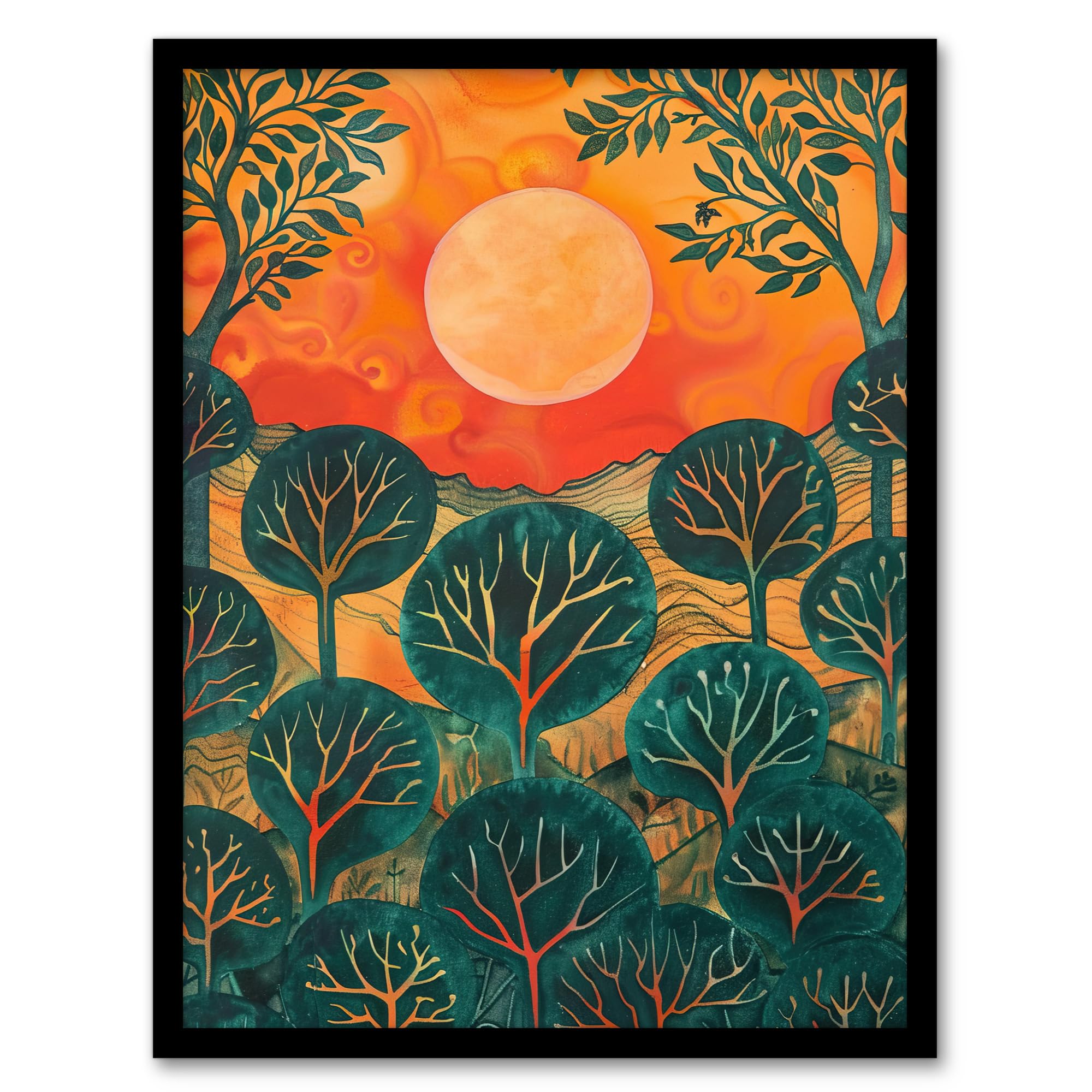 Artery8 Warm Sunrise Over Forest Painting Nature Living Room Artwork Framed Wall Art Print A4
