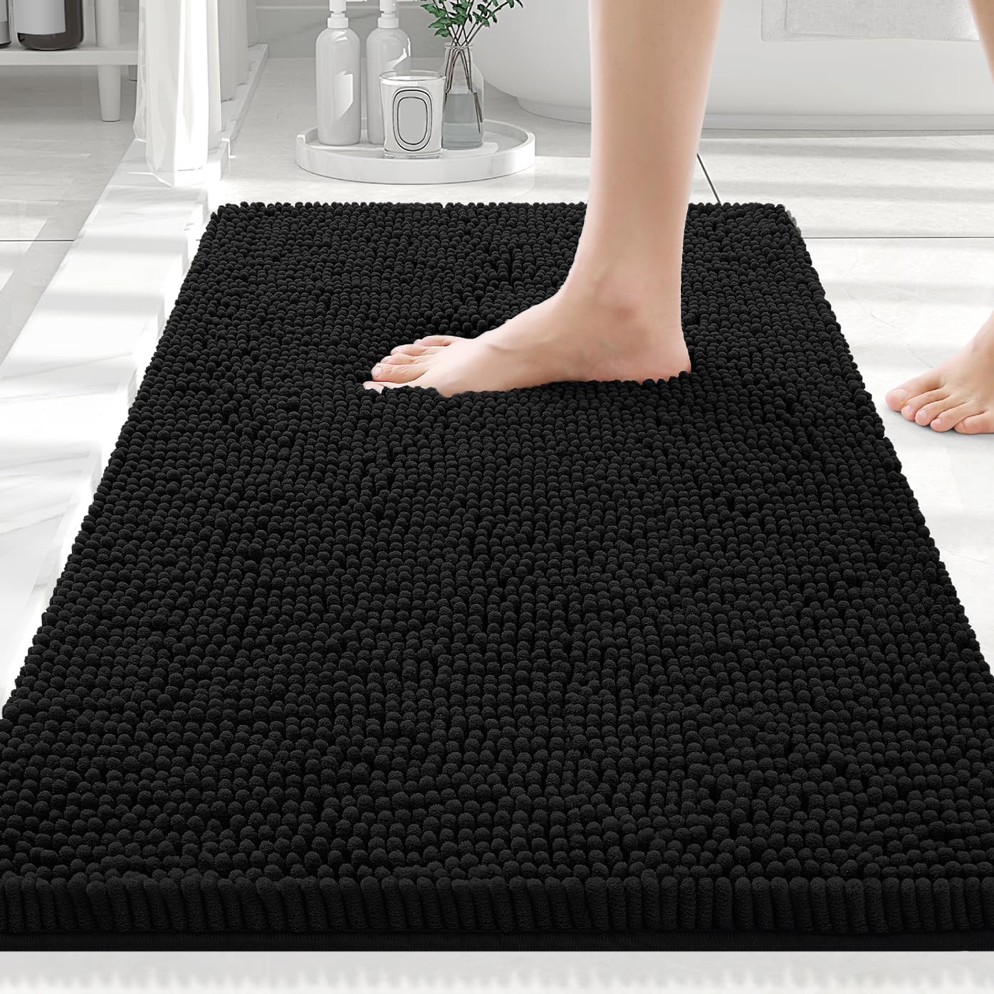 Smiry Luxury Chenille Bath Rug, Extra Soft and Absorbent Shaggy Bathroom Mat Rugs, Machine Washable, Non-Slip Plush Carpet Runner for Tub, Shower, and Bath Room(32''x20'', Black)