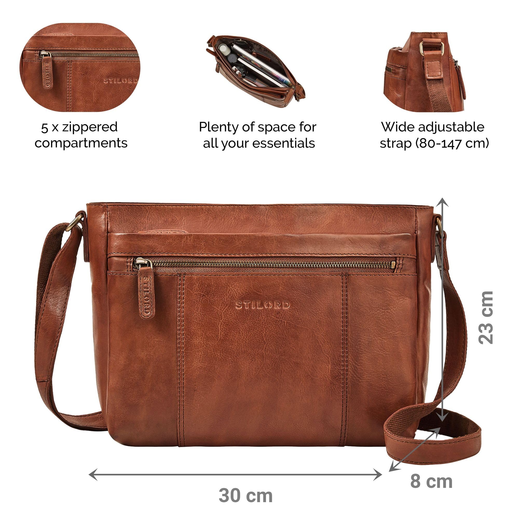 STILORD "Bianca Mittelgroße Ledertasche Damen Handtasche Schwarz Mittelgroß Echtleder Damentasche Vintage Umhängetasche Leder Schultertasche Crossbody Bag mit Reißverschluss