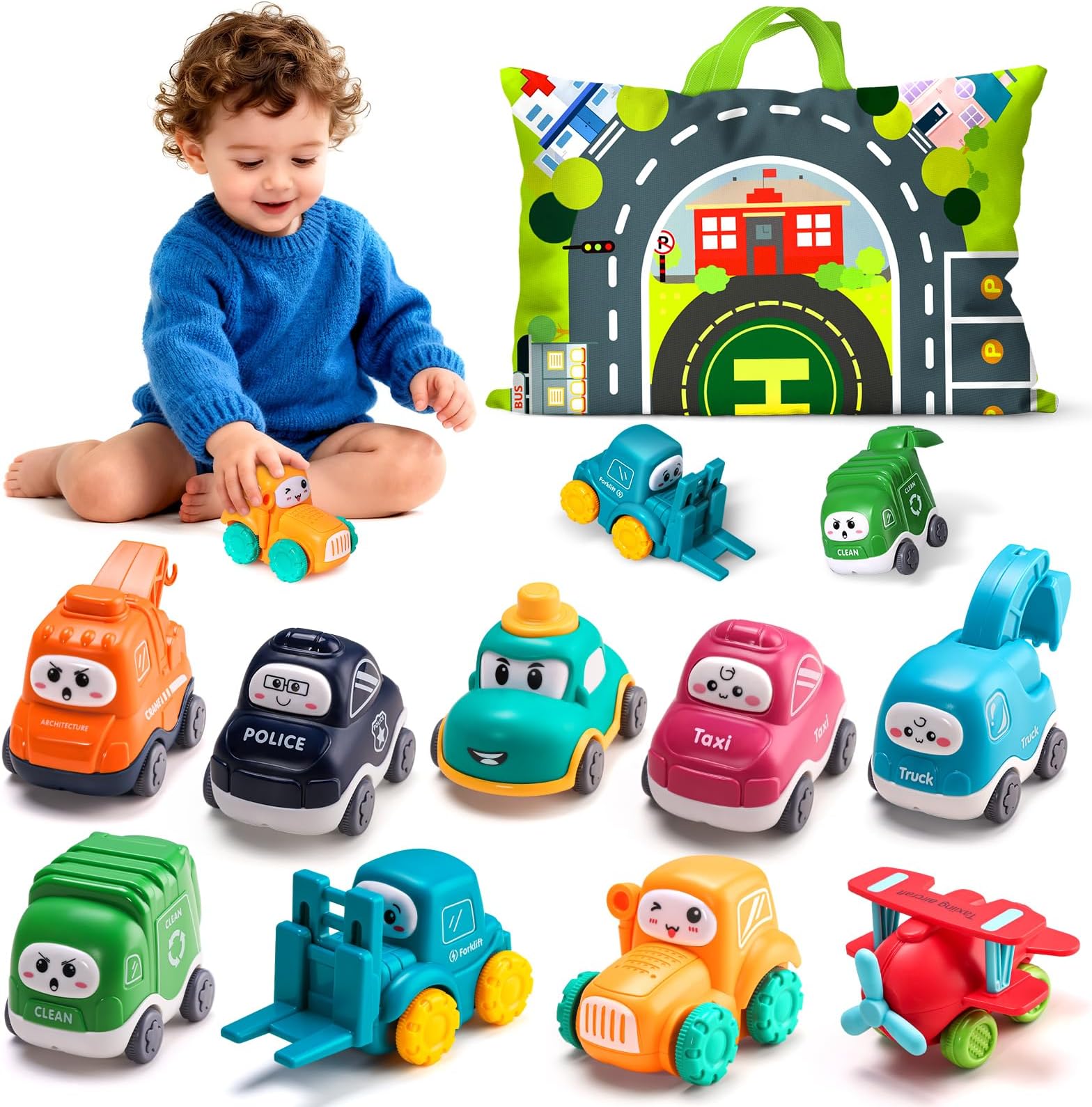 ALASOU 9 PCS Baby Cranes Car Toys for 1 Year Old Boy with Playmat/Storage Bag|1st Birthday Gift for Toddler Toys 1-2|Baby Toys 1 Year Old Boy Gifts for Infant 12 18 Months