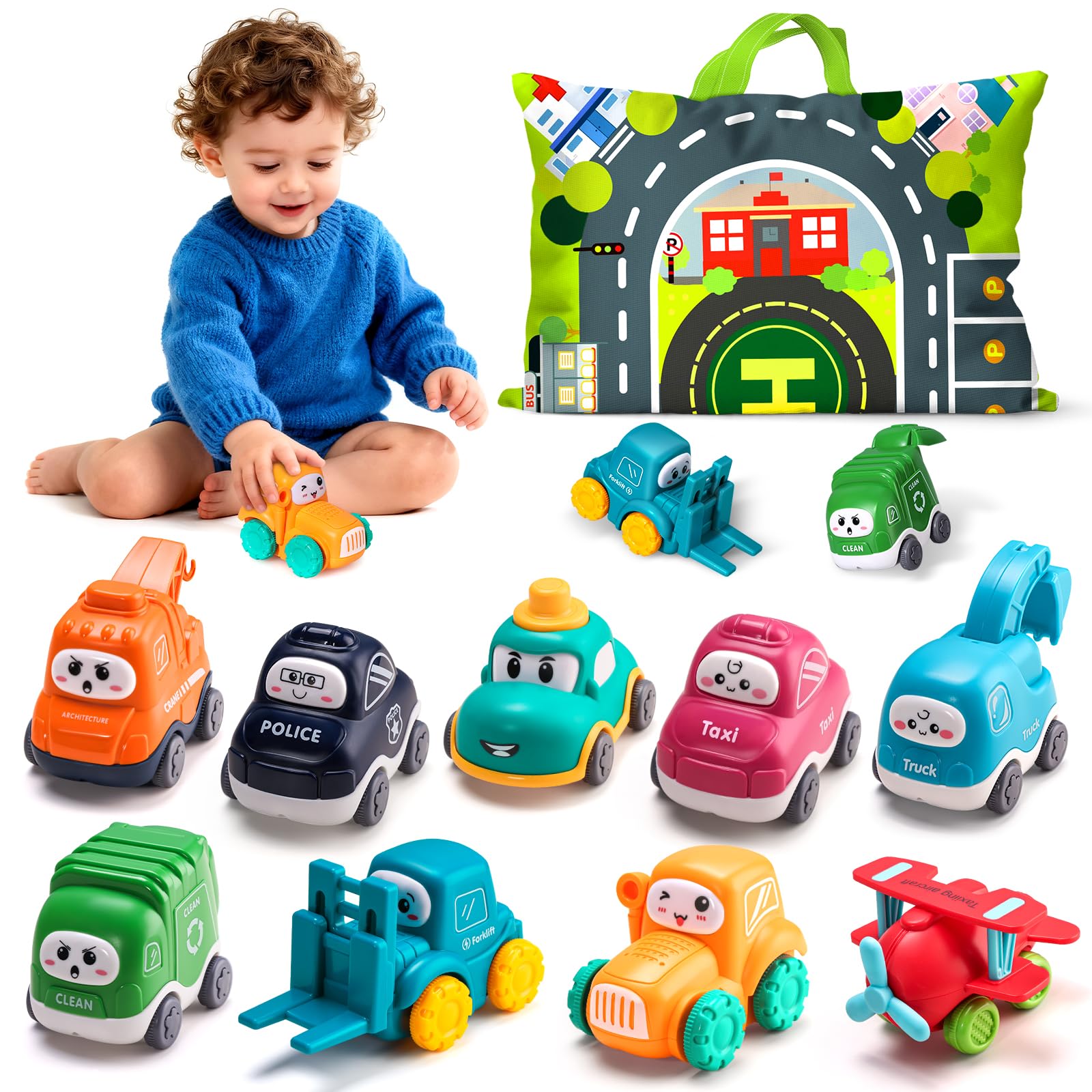 ALASOU 9 PCS Baby Cranes Car Toys for 1 Year Old Boy with Playmat/Storage Bag|1st Birthday Gift for Toddler Toys 1-2|Baby Toys 1 Year Old Boy Gifts for Infant 12 18 Months