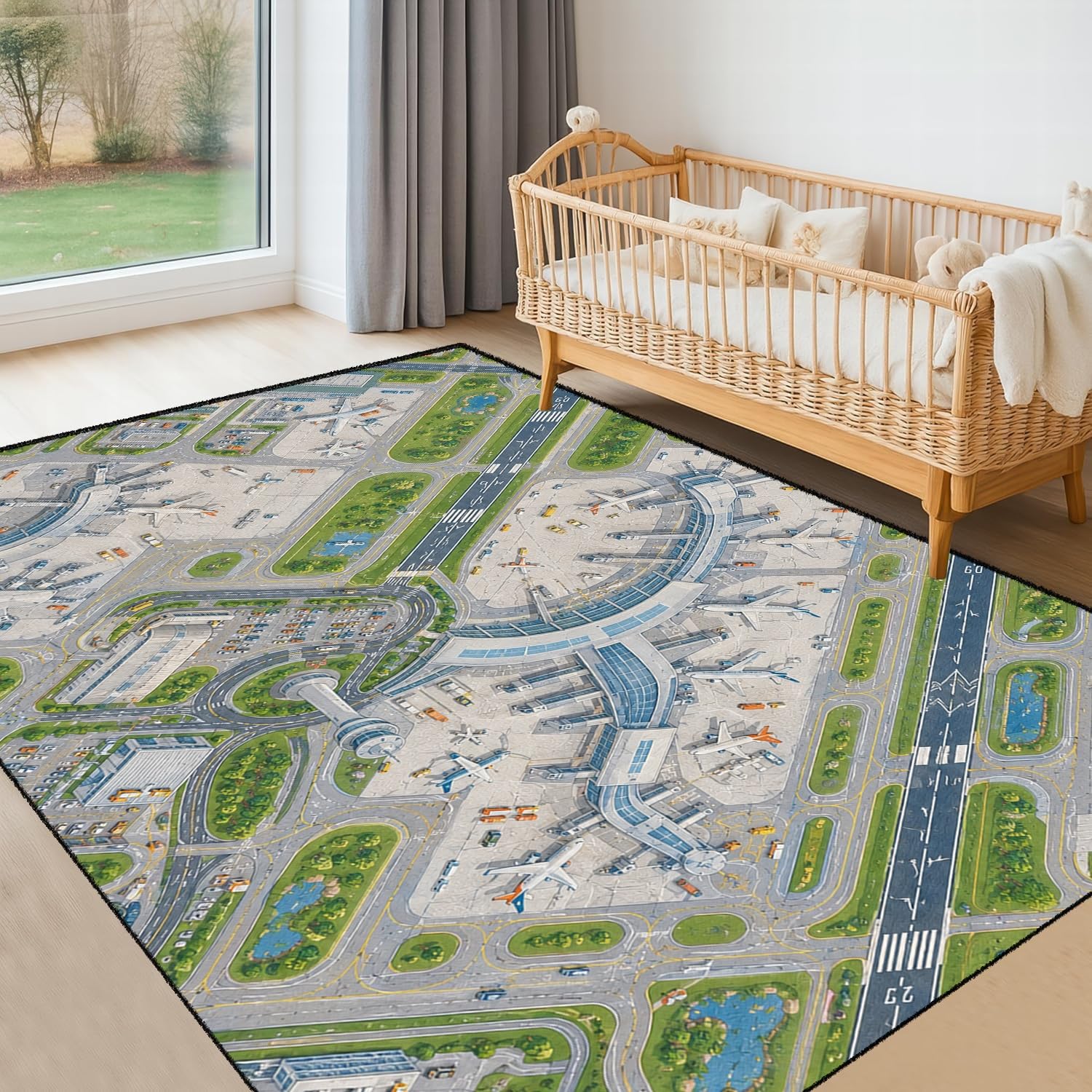 SMXVRC Kids Airport Playing Rug, 160x230cm, Airplane City Traffic Large Rugs for for Boys Bedroom, Interactive Airport Runway Non Slip Playmat, Non-Slip Washable Floor Carpet for Indoor