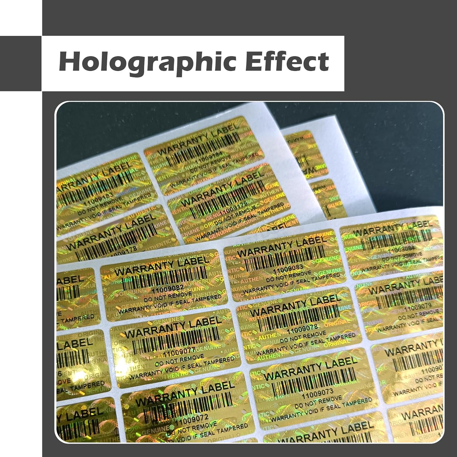 300pcs Tamper Proof Stickers Hologram Security Labels Genuine Warranty Seal with bar Code Unique Serial Number(1.2 X 0.6 Inch,Gold,GQYH) - Image 5