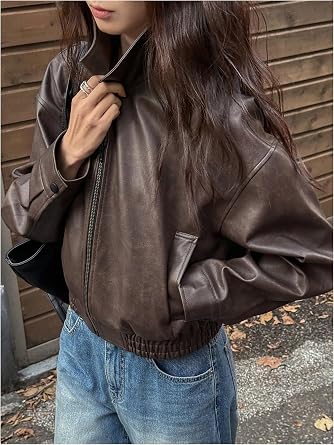 Milumia Women's Faux Leather Zip Up Jacket Oversized Bomber Cropped Coats | Vintage Motorcycle Jackets, Long Sleeve, Music Concerts, Fall Spring Winter, Retro Boyfriend Biker Coat