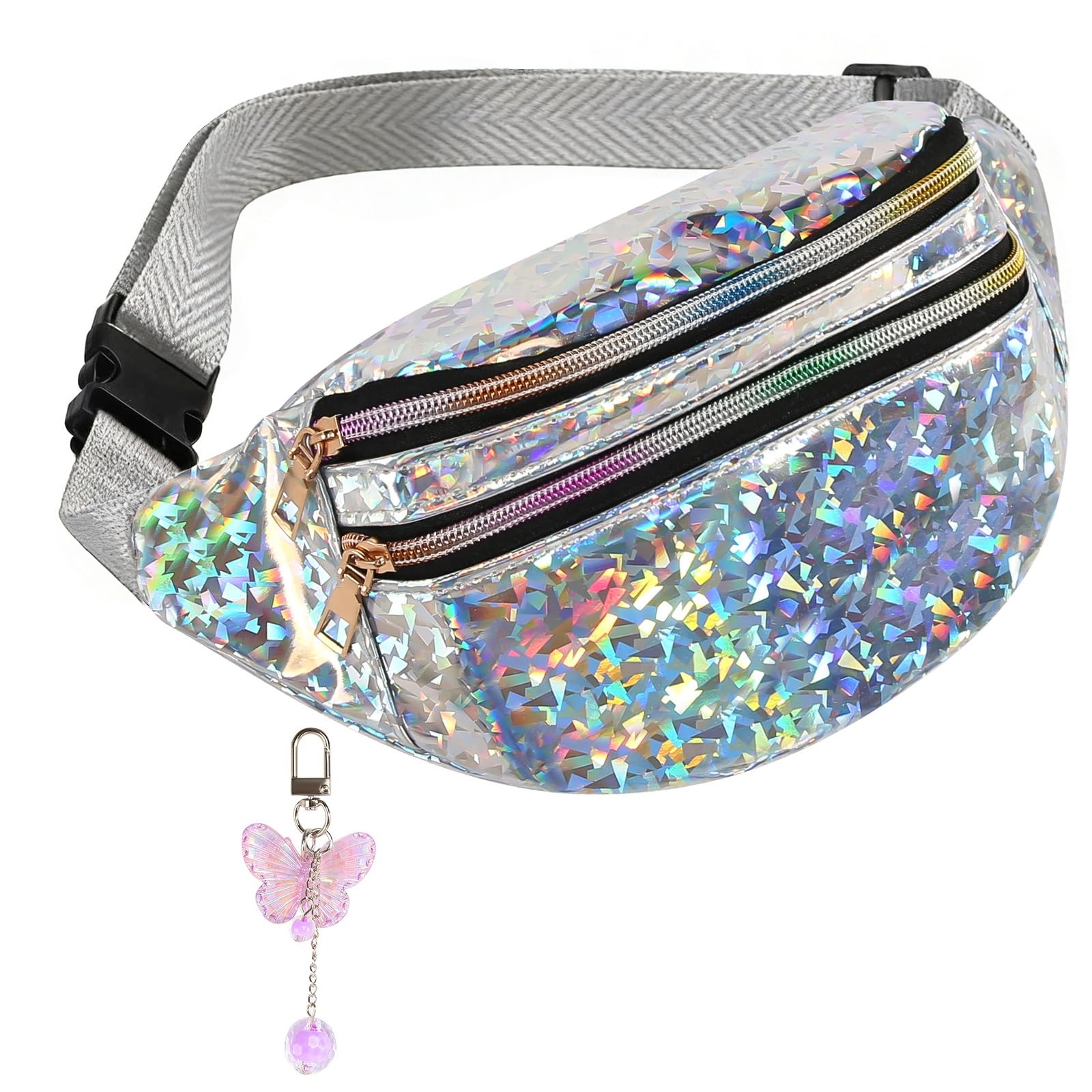 FASBET Bauchtasche Silber Metallic mit Schmetterling Deko, Bauchtasche Mädchen Damen 80er Jahre Karneval Festival Glitzer Bunt Tasche