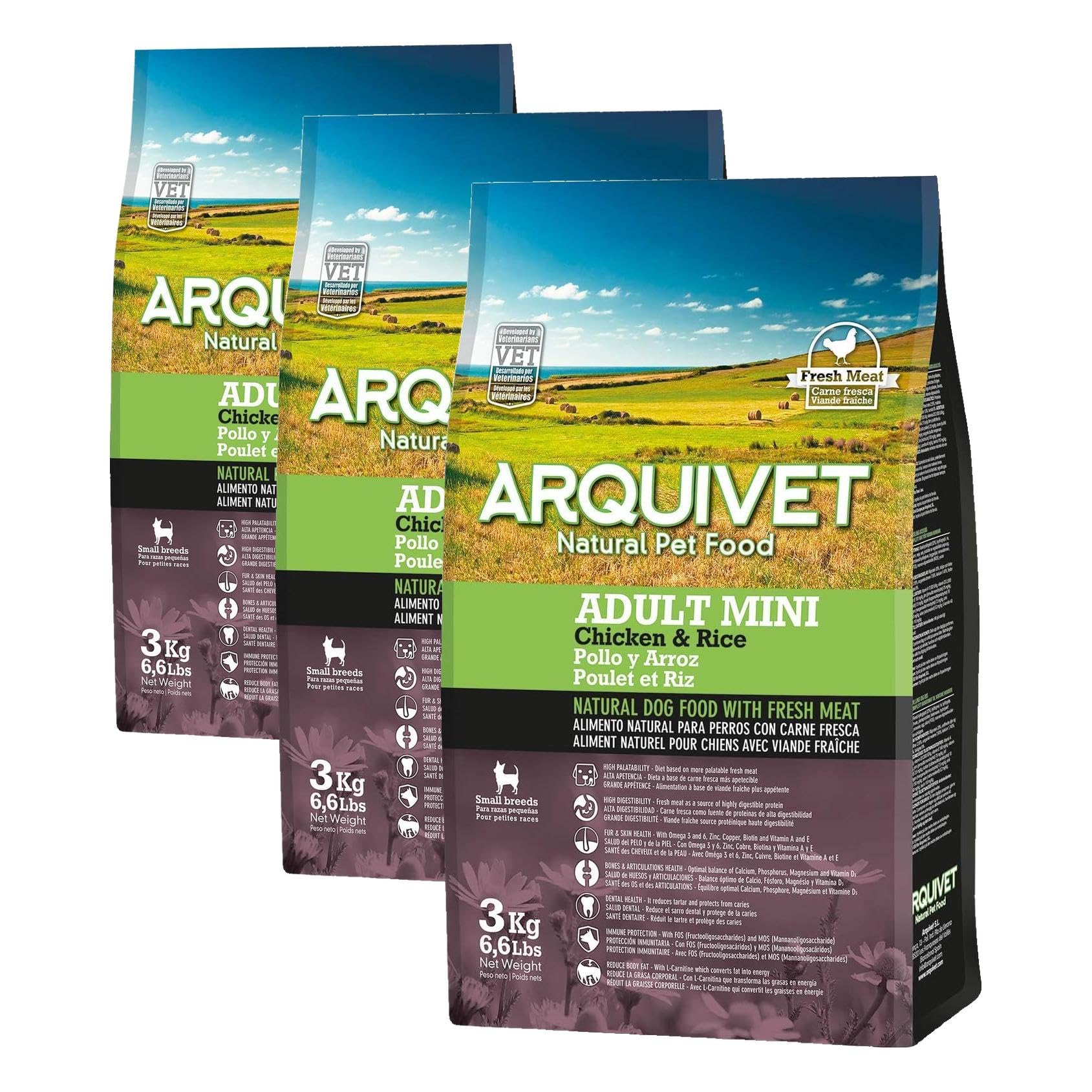 ARQUIVET Adult Mini - Croquettes pour Chiens Adults de Petites Races - Poulet et riz-3kg- Aliments secs pour Chiens - Petite Croquette - Haute digestibilité, Gastro-intestinale (Lot de 3)