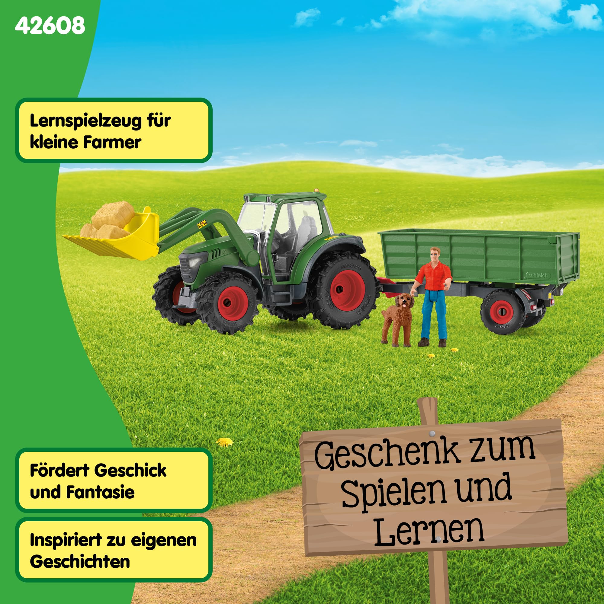 SCHLEICH Farm World Traktor mit Anhänger 42608 Set inkl. Traktor mit beweglichem Frontlader, Figur Bauer Paul, Hund & Zubehör Spielzeug ab 3 Jahre 50 Teile