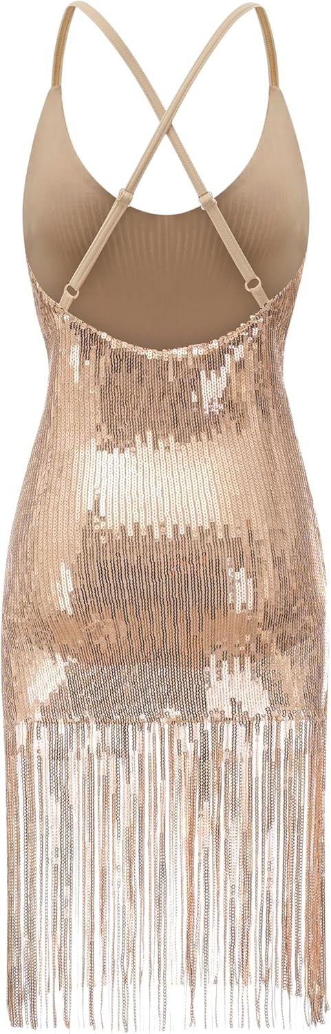 Enchanta Lesla Dance Dress. Long Womens Jazz Dresses with Sequin Fringe and Halter. Party Dance Costume Wear