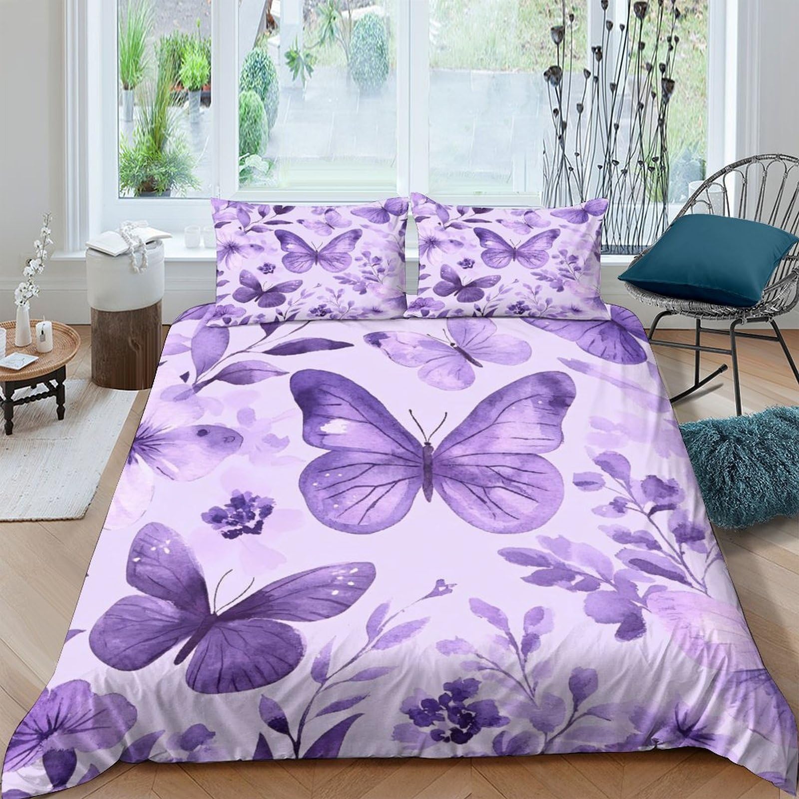 3D Printed Purple butterfly art Quilt Cover Microfiber Watercolor floral Duvet Cover Wrinkle Free Fade Resistant Quick Drying Hypoallergenic for Family Home Use Single（140x200cm）