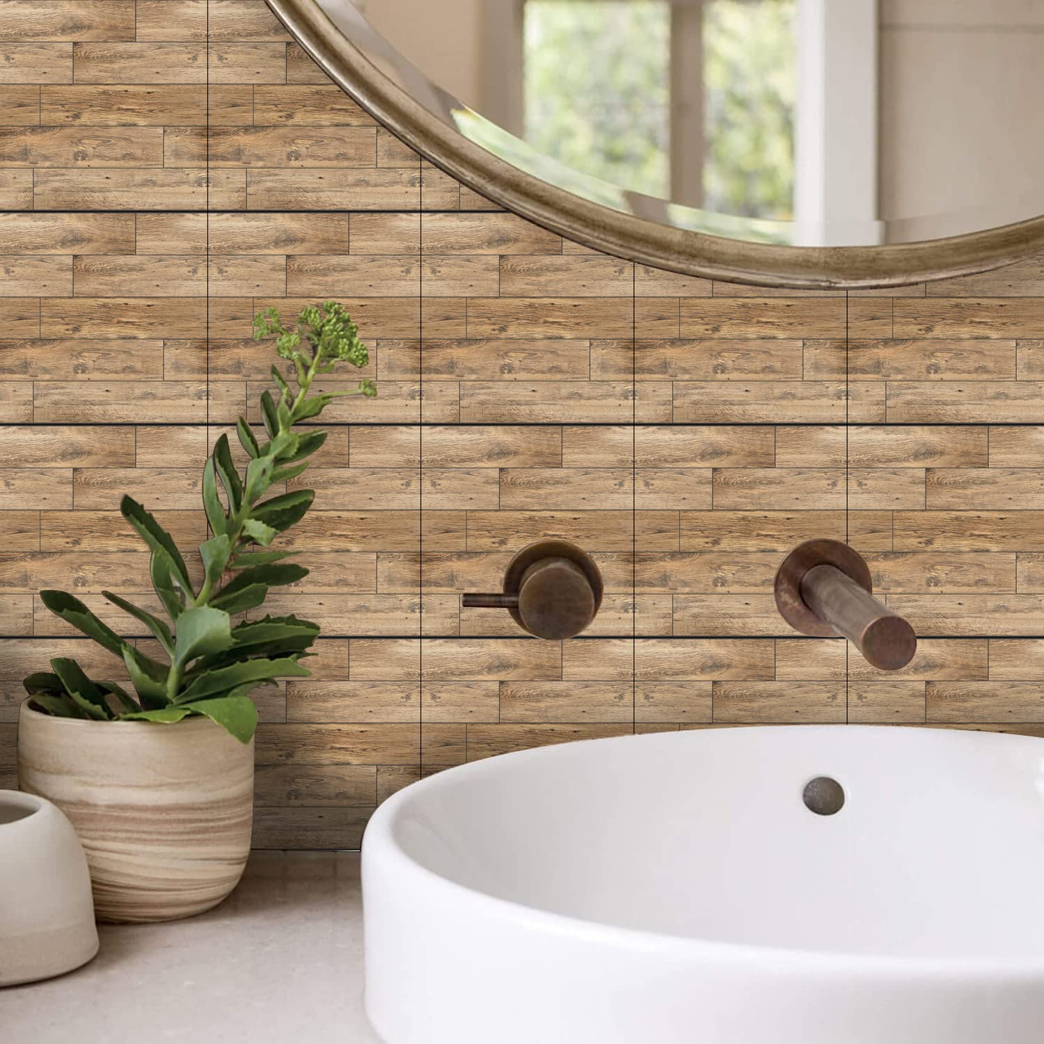 Photo 1 of 12PCS Wood Grain Tile Sticker- Room Decor 6”x6” Peel and Stick Backsplash Waterproof DIY Wall Decals for Kitchen Bathroom Wall Decor (Thickened and More Sticky)