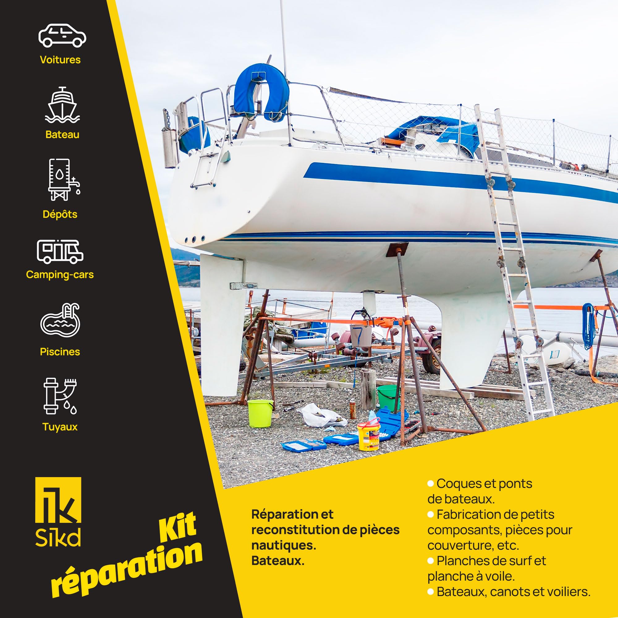Sikd - Fibre de verre, resine polyester et durcisseur. Kit de réparation pour Bateaux, piscines, réservoirs, caravanes, tuyaux, carrosseries…