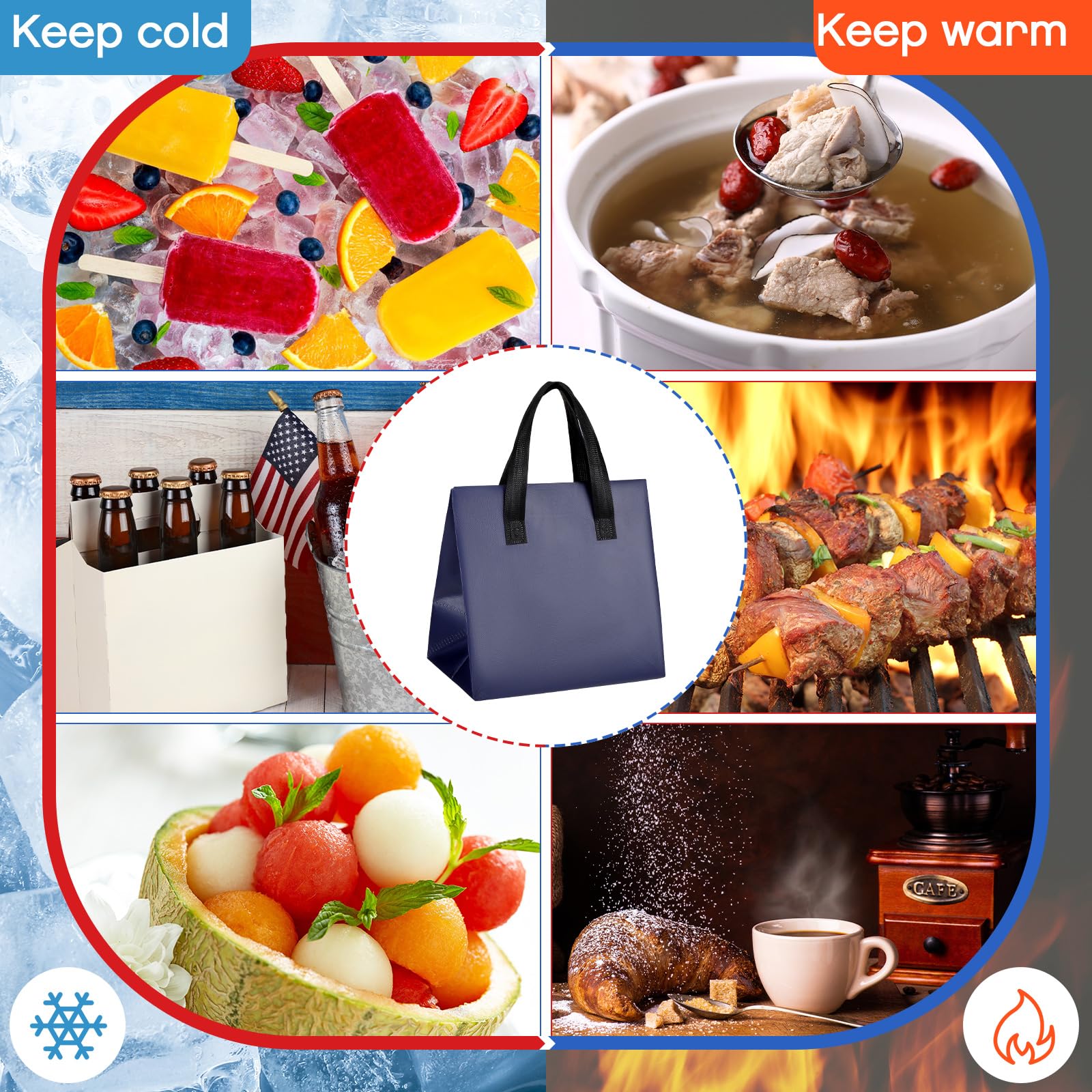 FoldTier 50 bolsas aisladas para llevar, bolsas de alimentos con aislamiento térmico a granel para café, leche, té, alimentos fríos calientes, mariscos frescos, bolsas de entrega de pizza, para