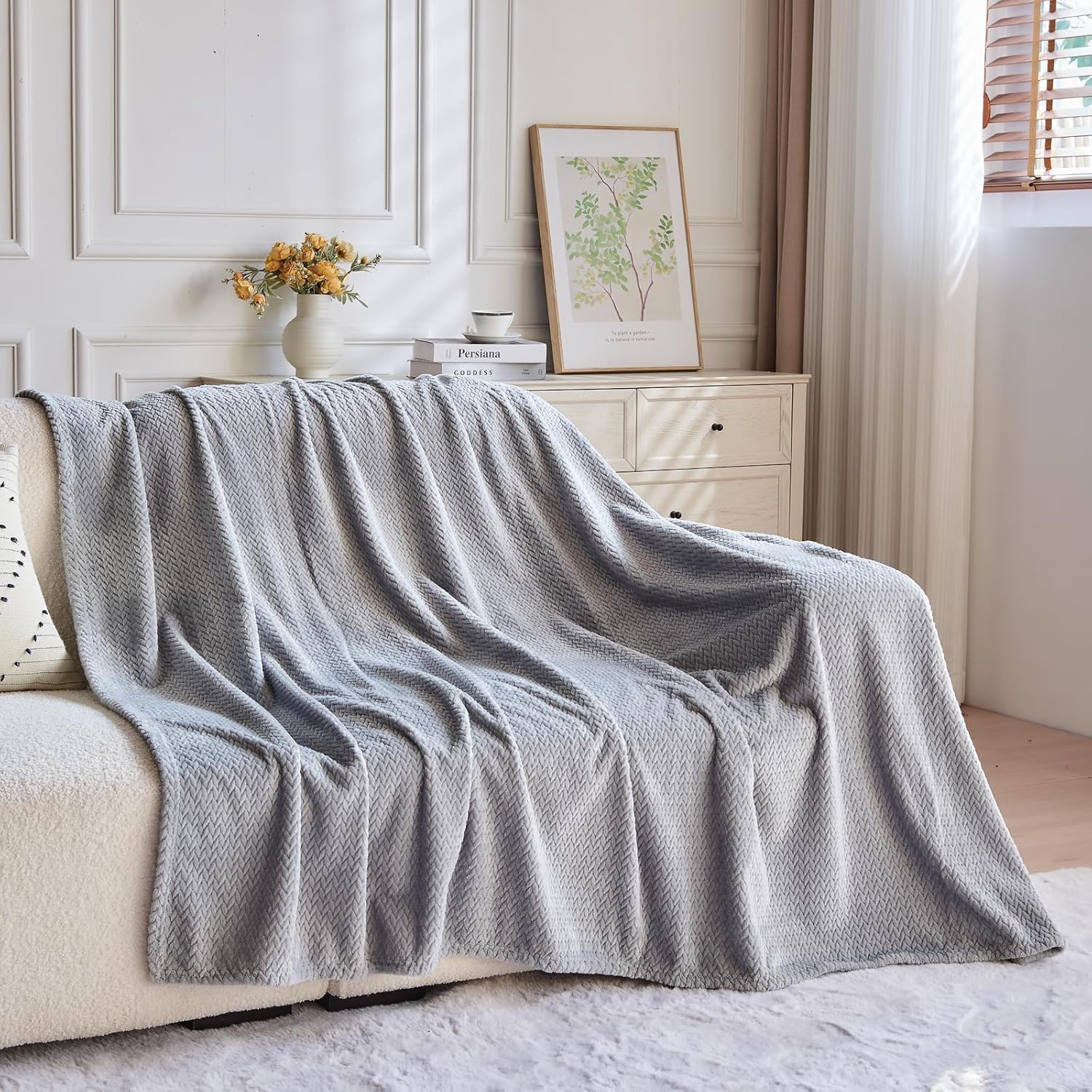 NEWCOSPLAY Super Soft Throw Blanket Grey Premium Silky Flannel Fleece Leaves Pattern Lightweight Bed Blanket All Season Use (Grey, Throw(50"x60")) - Image 8