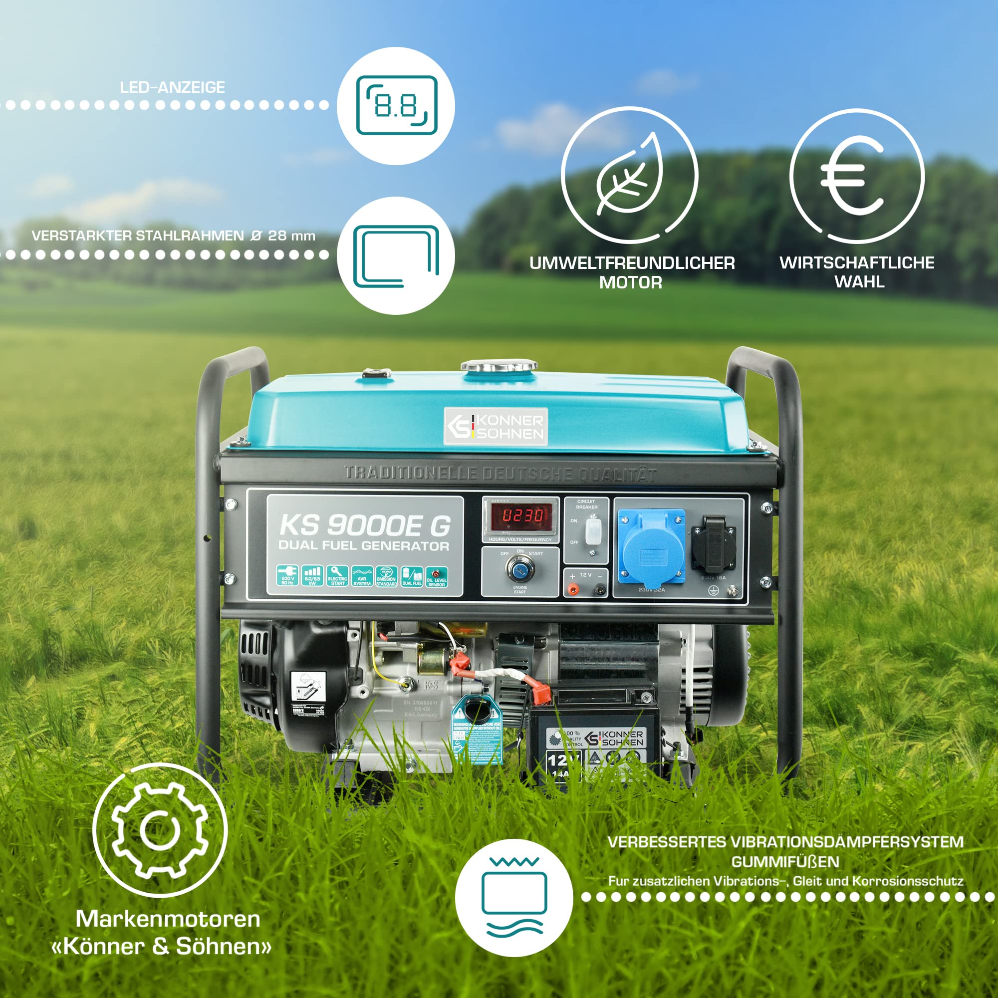 K&S Könner&Söhner KS 9000E G - Generador de gasolina (6500 W, toma manual y eléctrica, 1 x 16 A, 1 x 32 (230 V), 12 V con AVR, generador de corriente con protección contra cortocircuitos