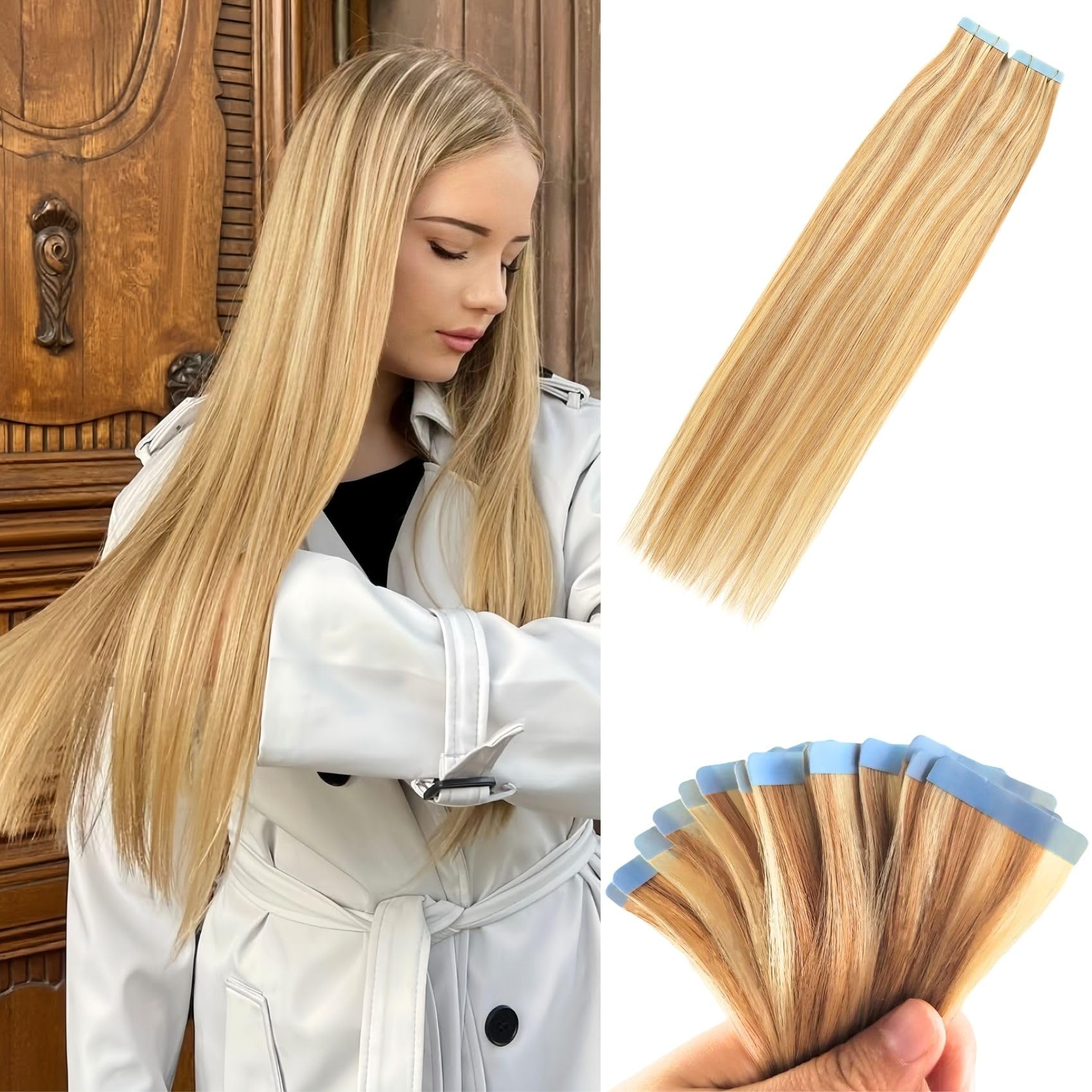 Honey Blonde Tape in Hair Extensions Real Human Hair Invisible Long Diy Human Hair Tape in Extensions 20 Inch 20Pcs for Women