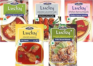 Lucky Masale Party Pack 2 (Chicken Fry, Chicken Lollypop, Mutton Korma, Meat Masala and Chicken Biryani ) - Low in Sodium/No MSG/No Artificial Color