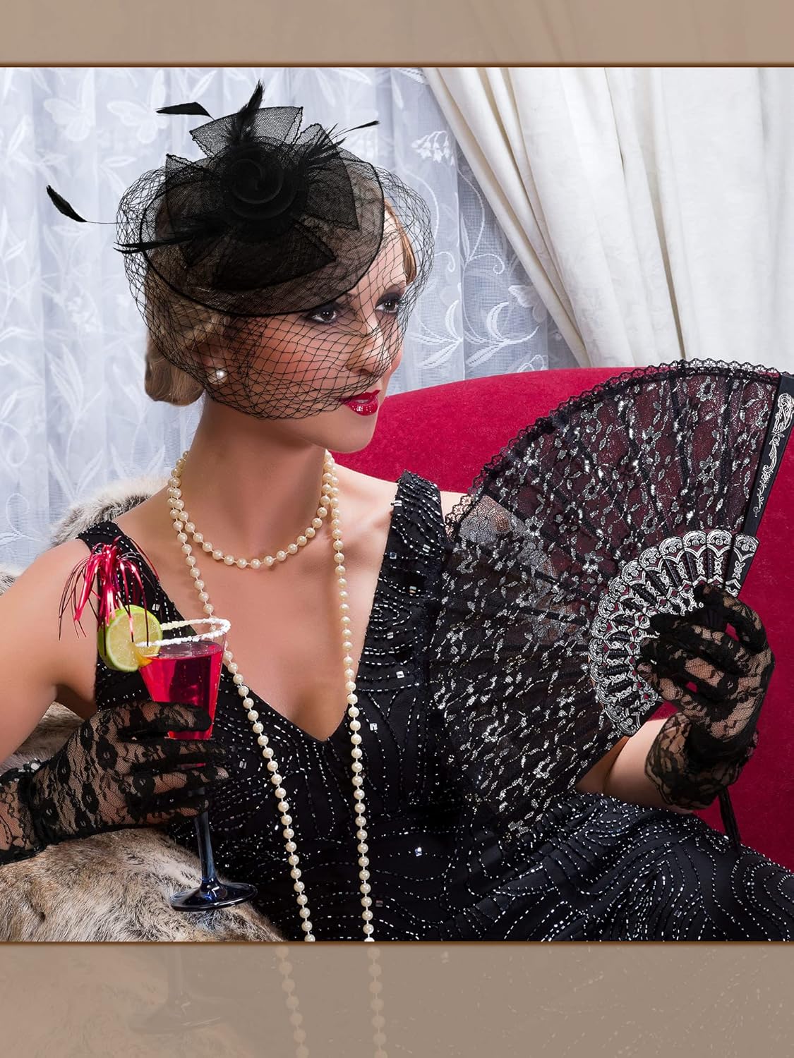 JenPen 4 Pcs Tea Party Hat for Women Black Funeral Veils Headband Fascinators Gloves 20s 50s Costume Accessories for Wedding - Image 2