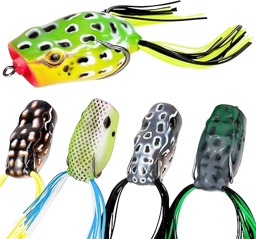 Miniatura 7 de RUNCL Topwater - Señuelos de rana  5 piezas de cebos de silicona duraderos y realistas para agua dulce y salada, señuelos flotantes realistas para